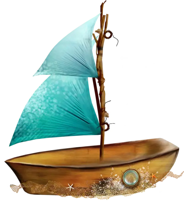 Wooden Sailboat with Blue Sails