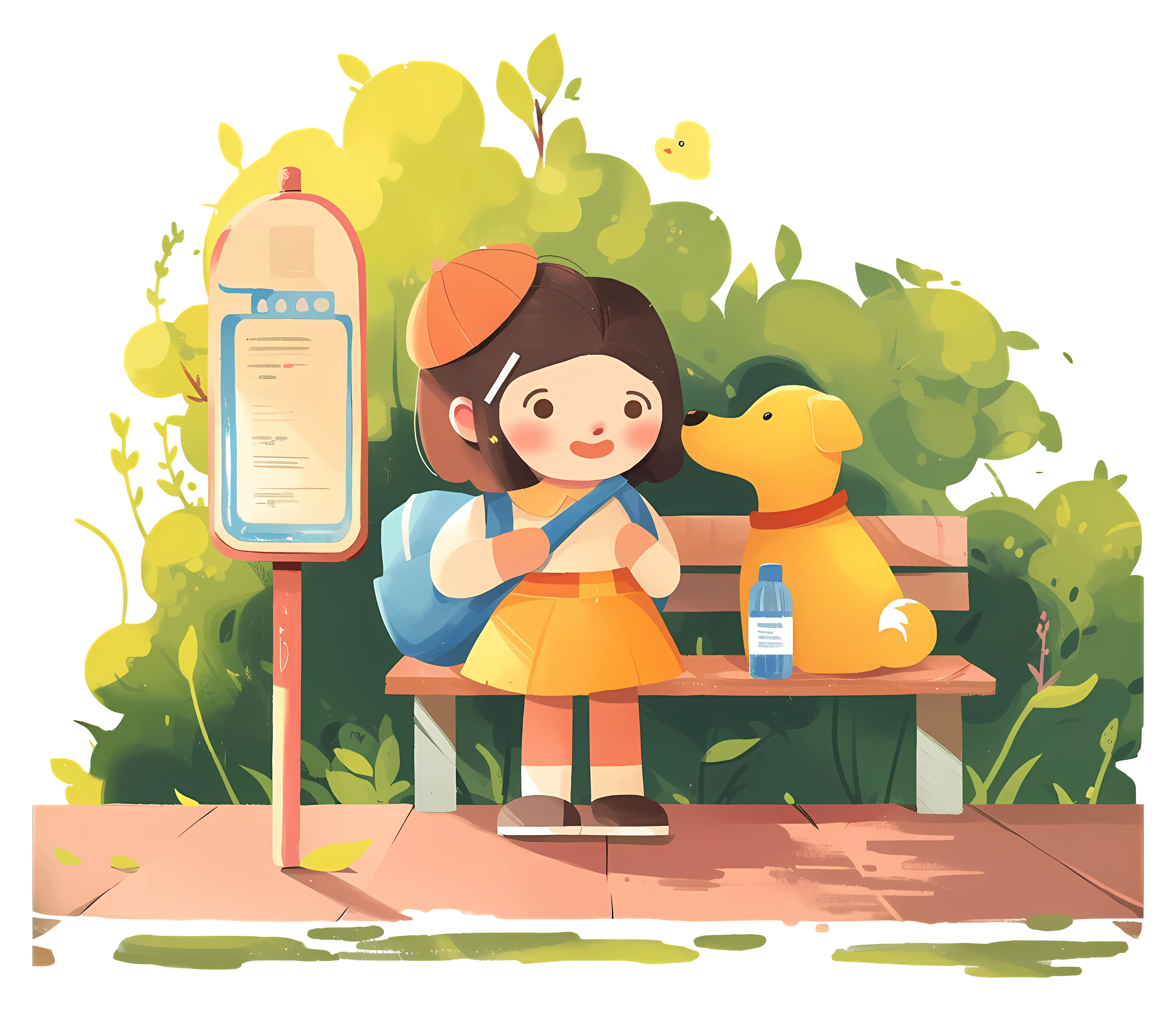 Girl and Dog at Bus Stop