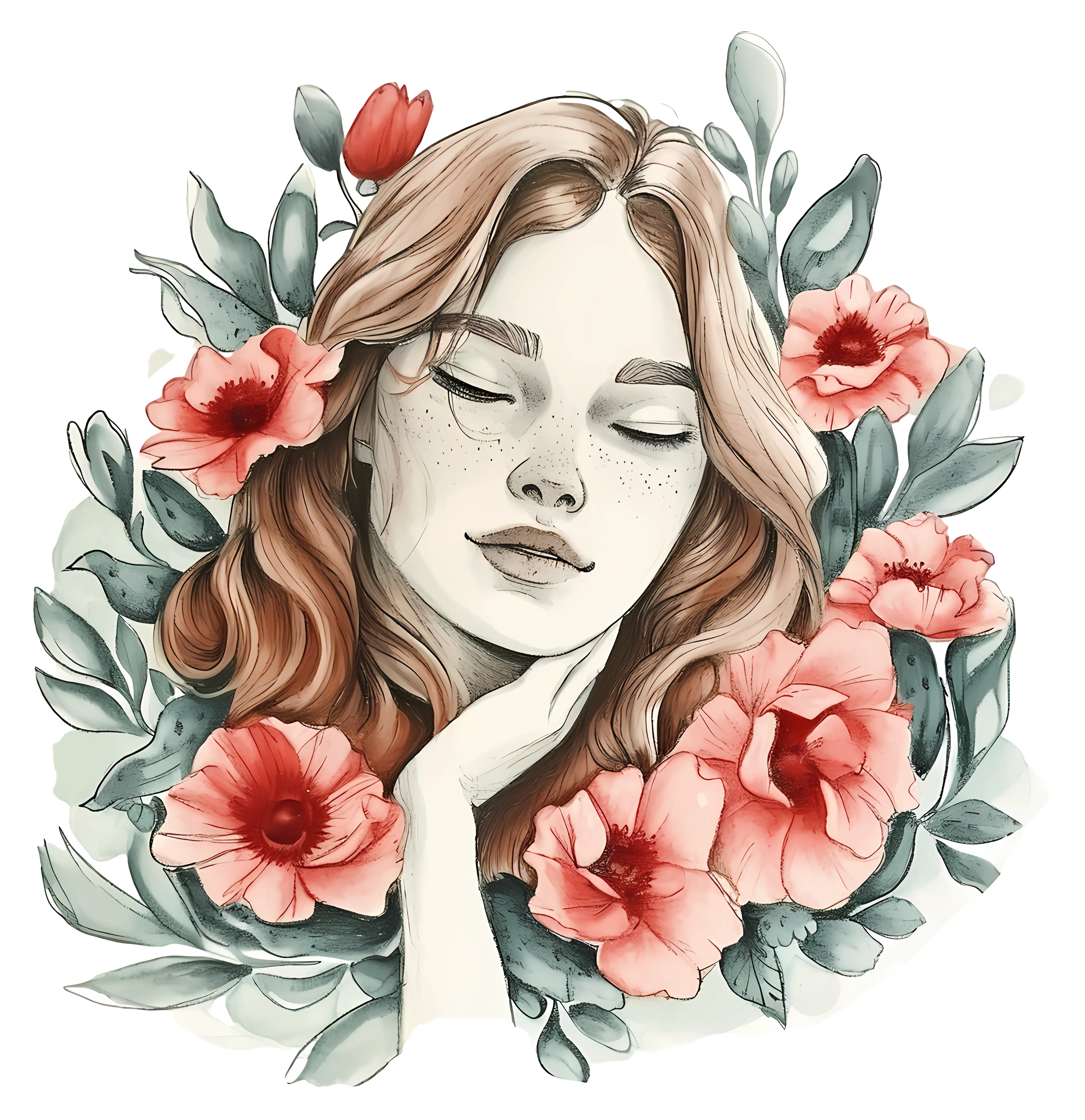 Woman Illustration Surrounded by Red Flowers