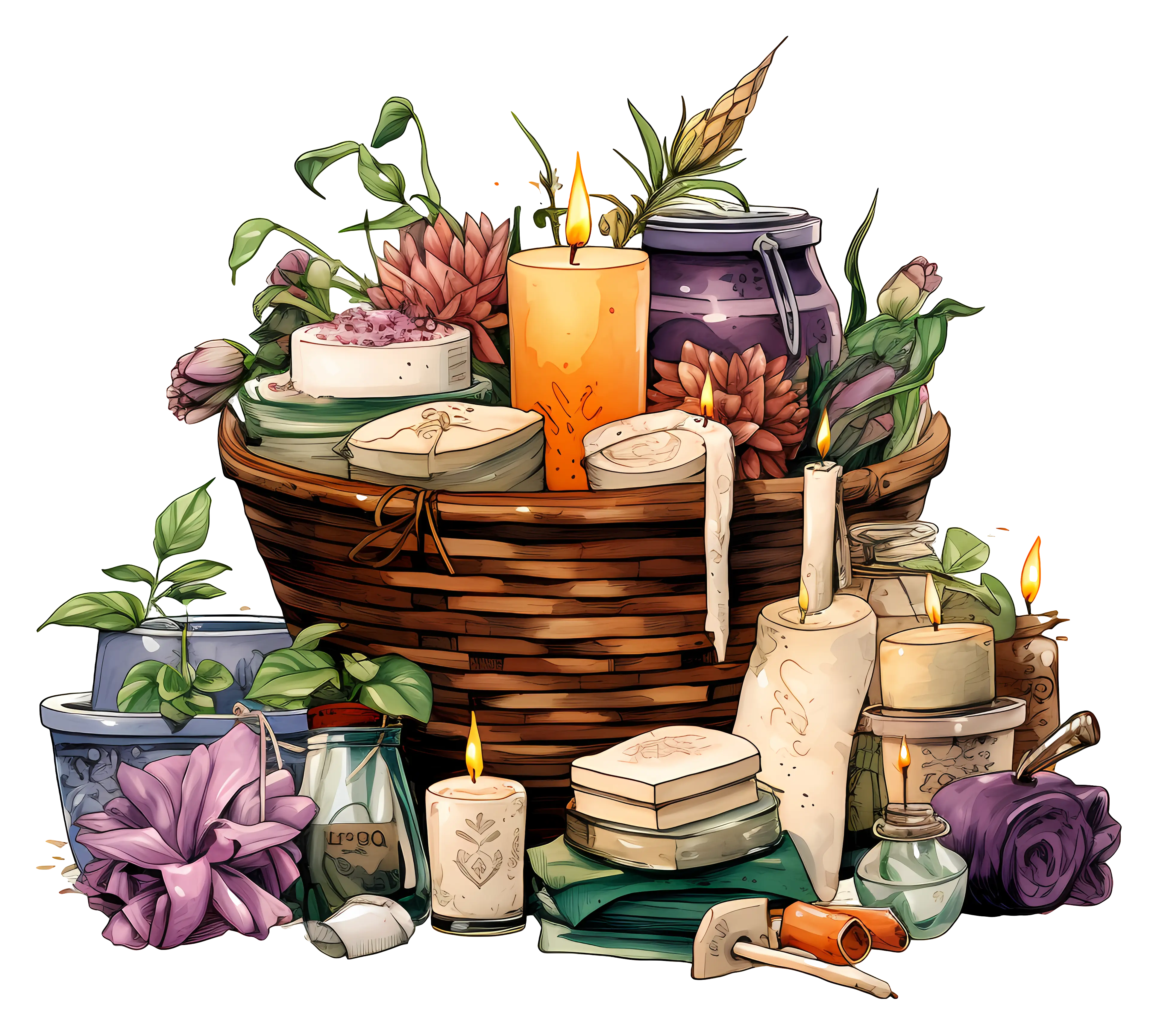 Decorative Candles and Flowers in a Basket