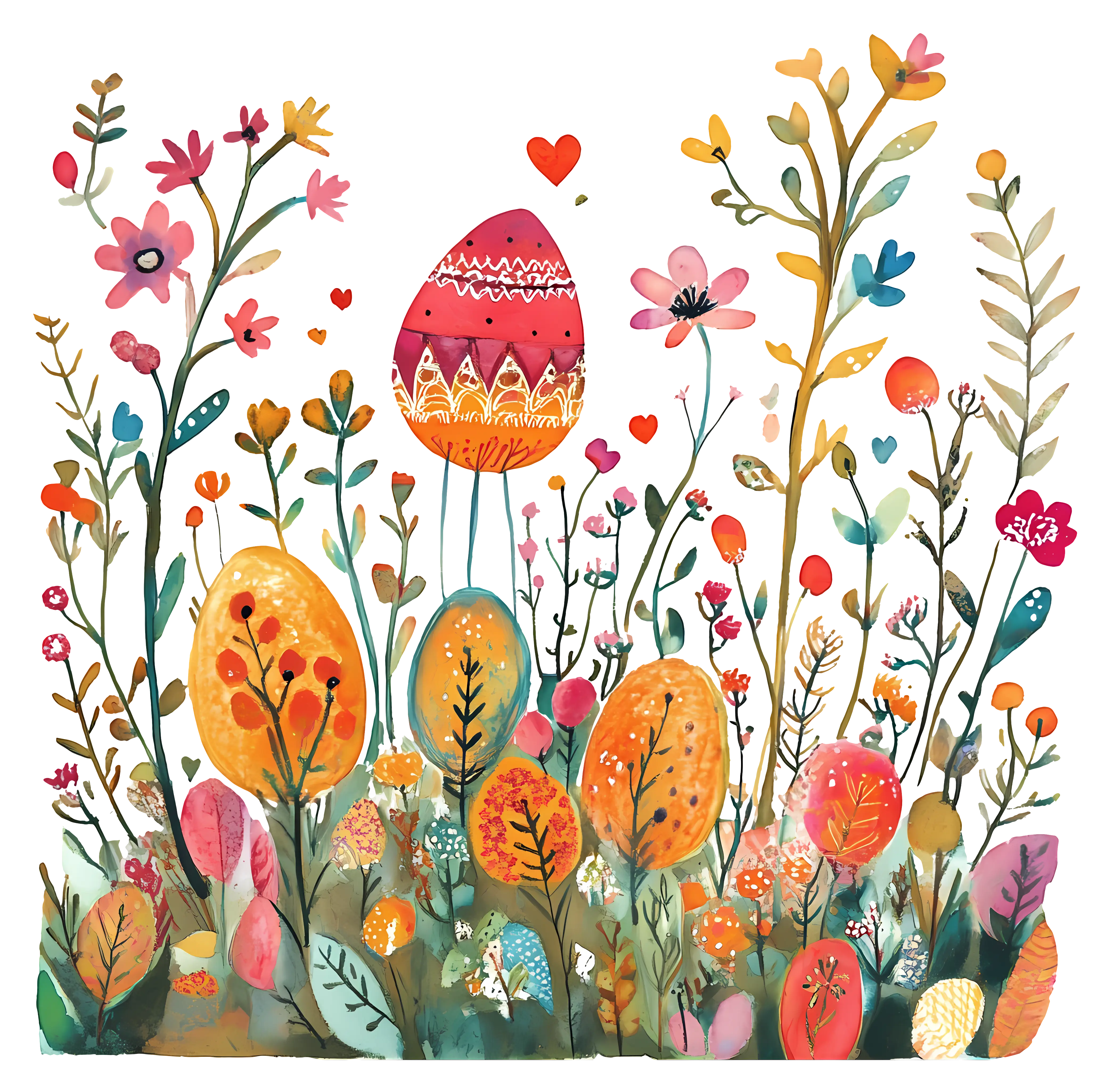 Colorful Eggs in Floral Garden