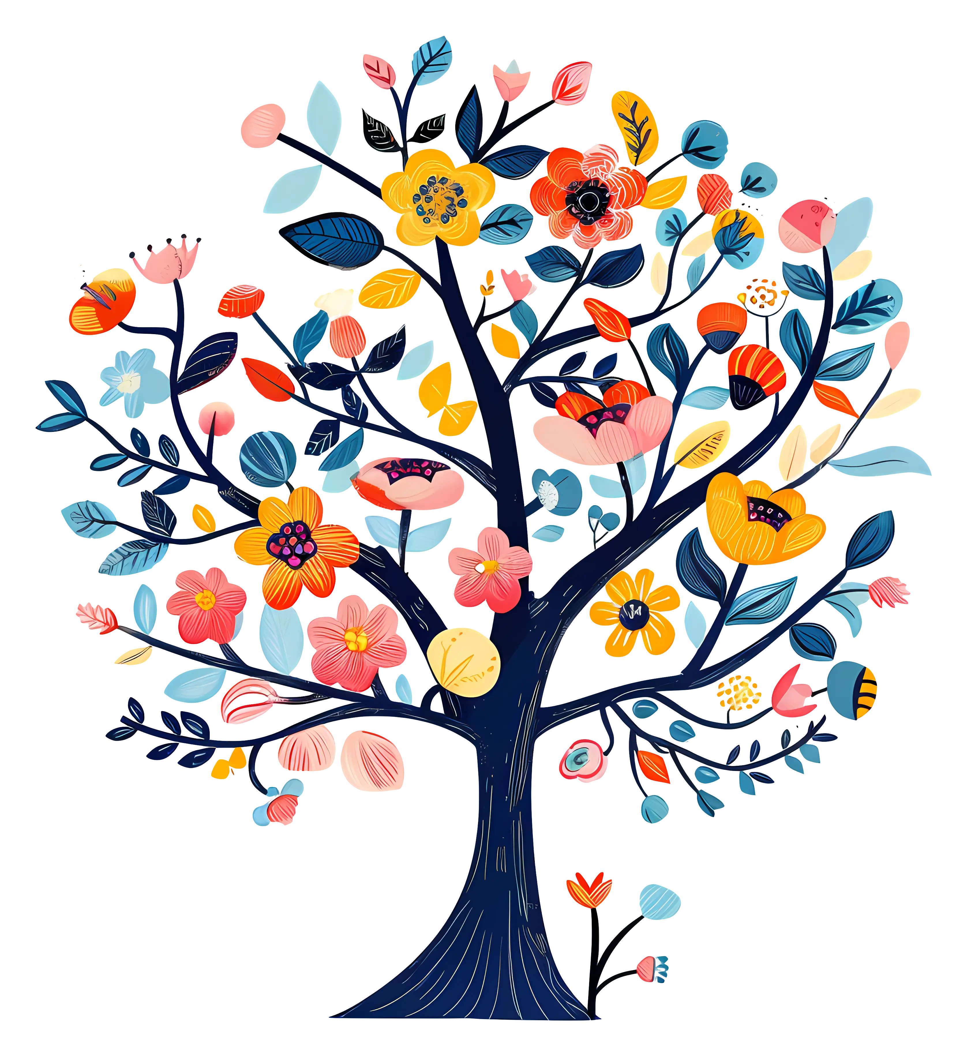 Whimsical colorful floral tree illustration