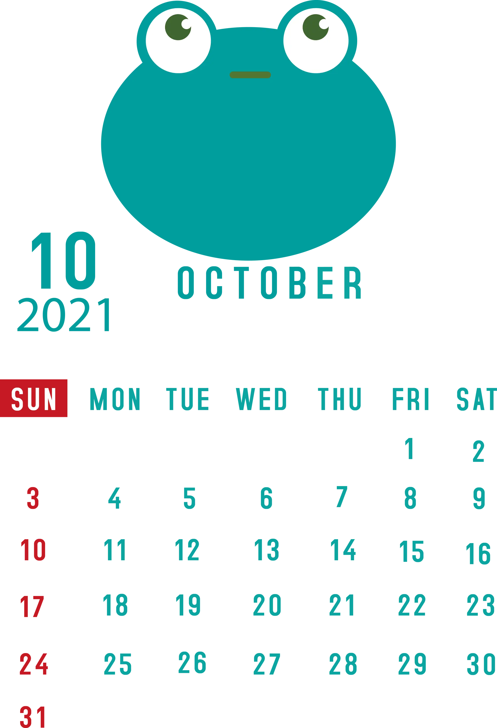 Frog-Themed October 2021 Calendar