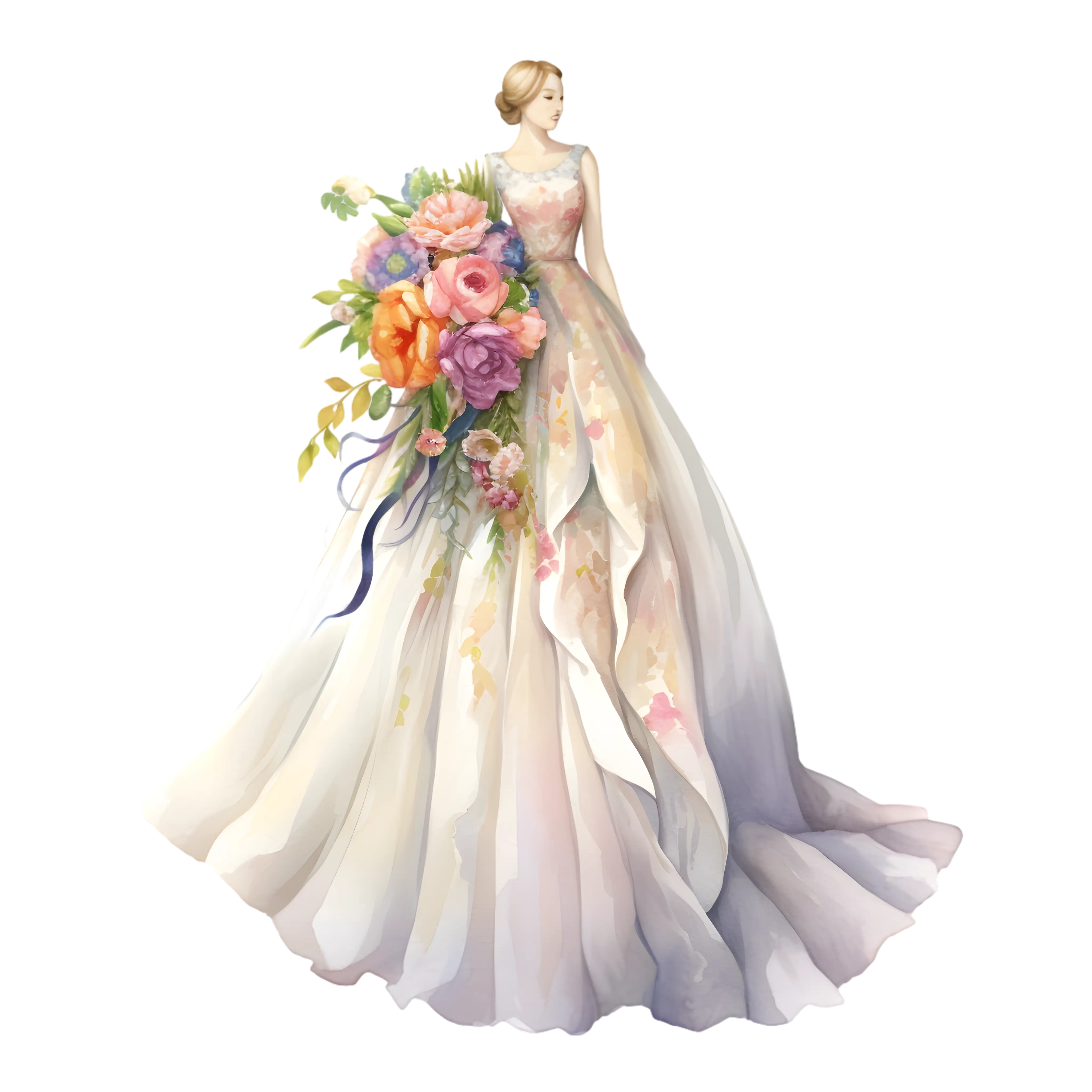 Elegant Wedding Dress with Floral Bouquet in Illustration
