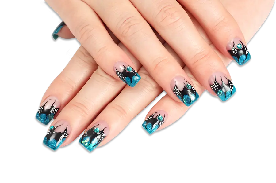 Blue Decorative Nail Art on Manicured Hands