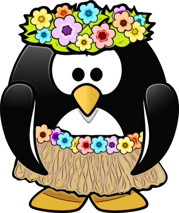 Penguin in Hawaiian Outfit with Flower Crown