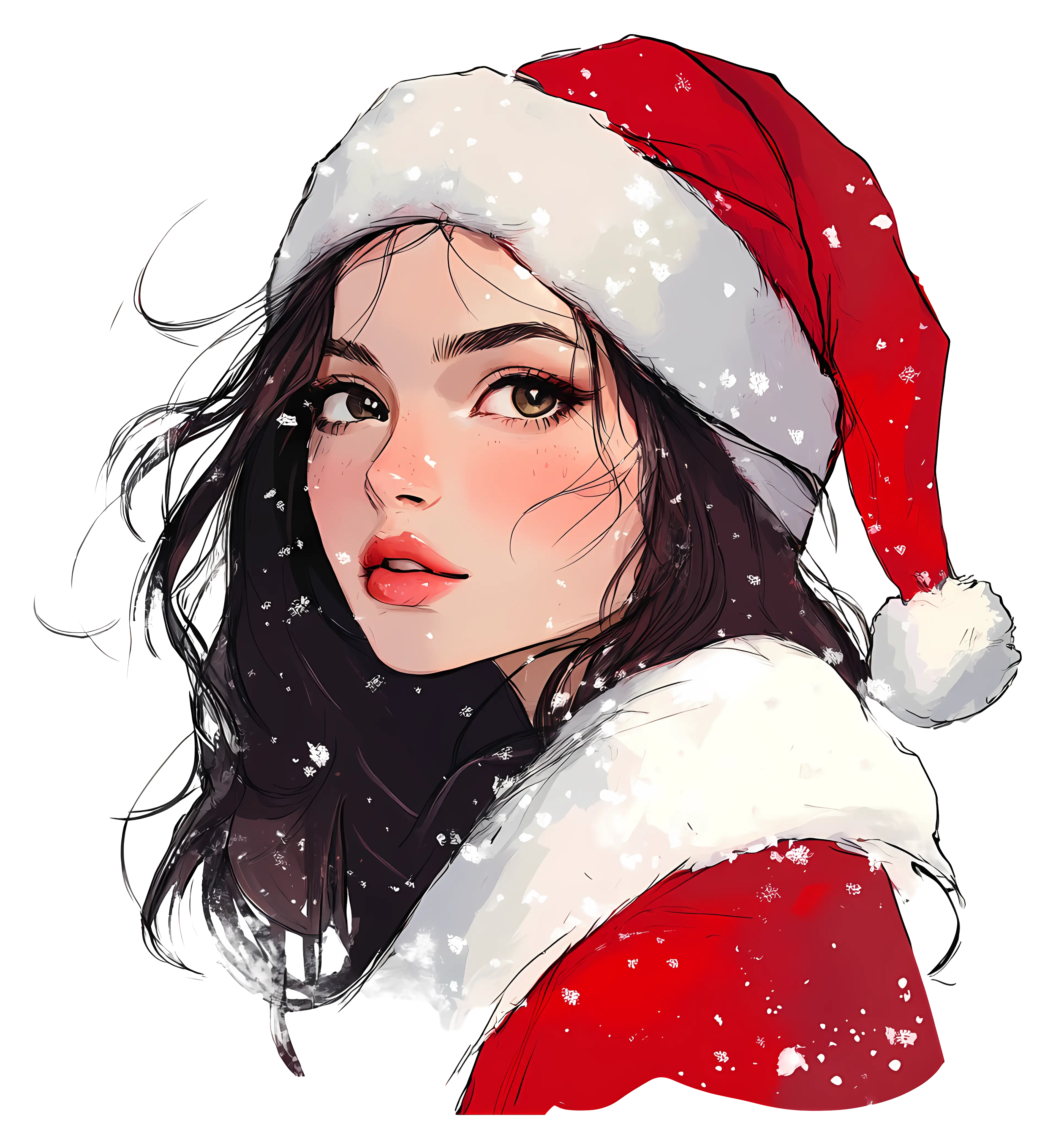 Girl in Santa Hat with Snowflakes