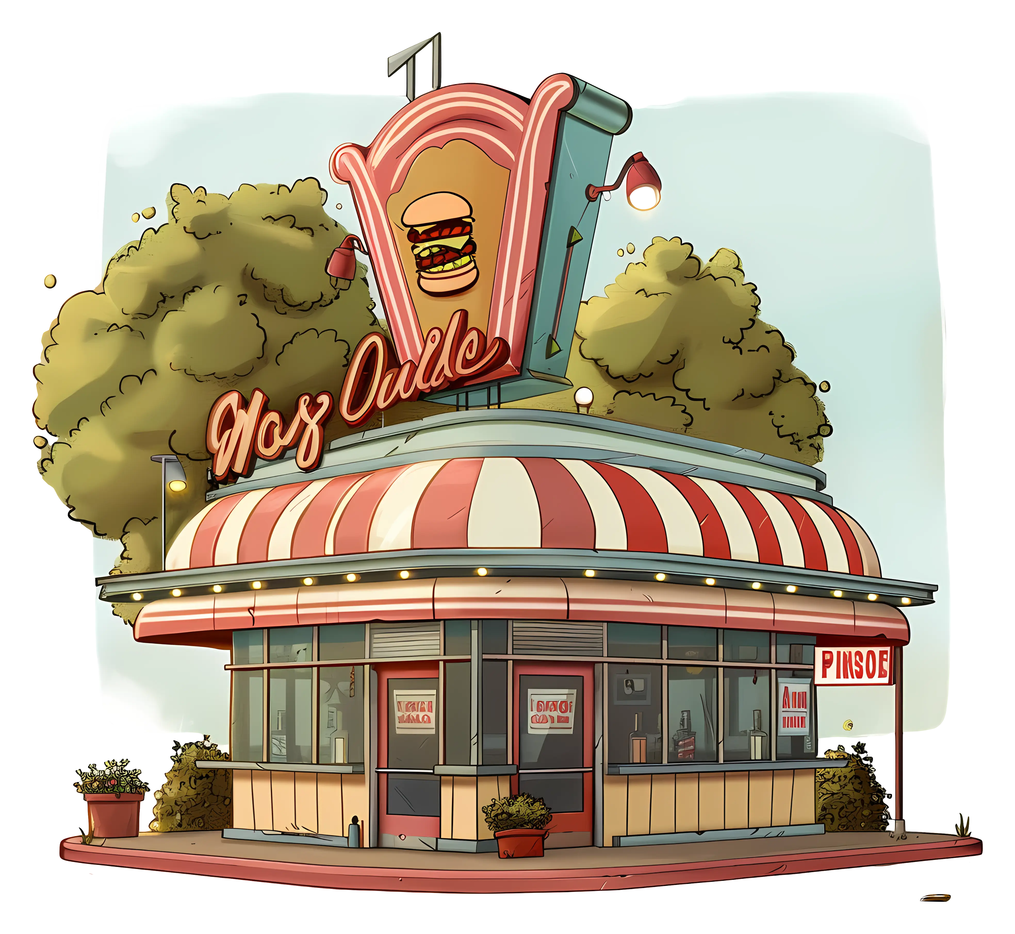 Retro Diner with Burger Sign