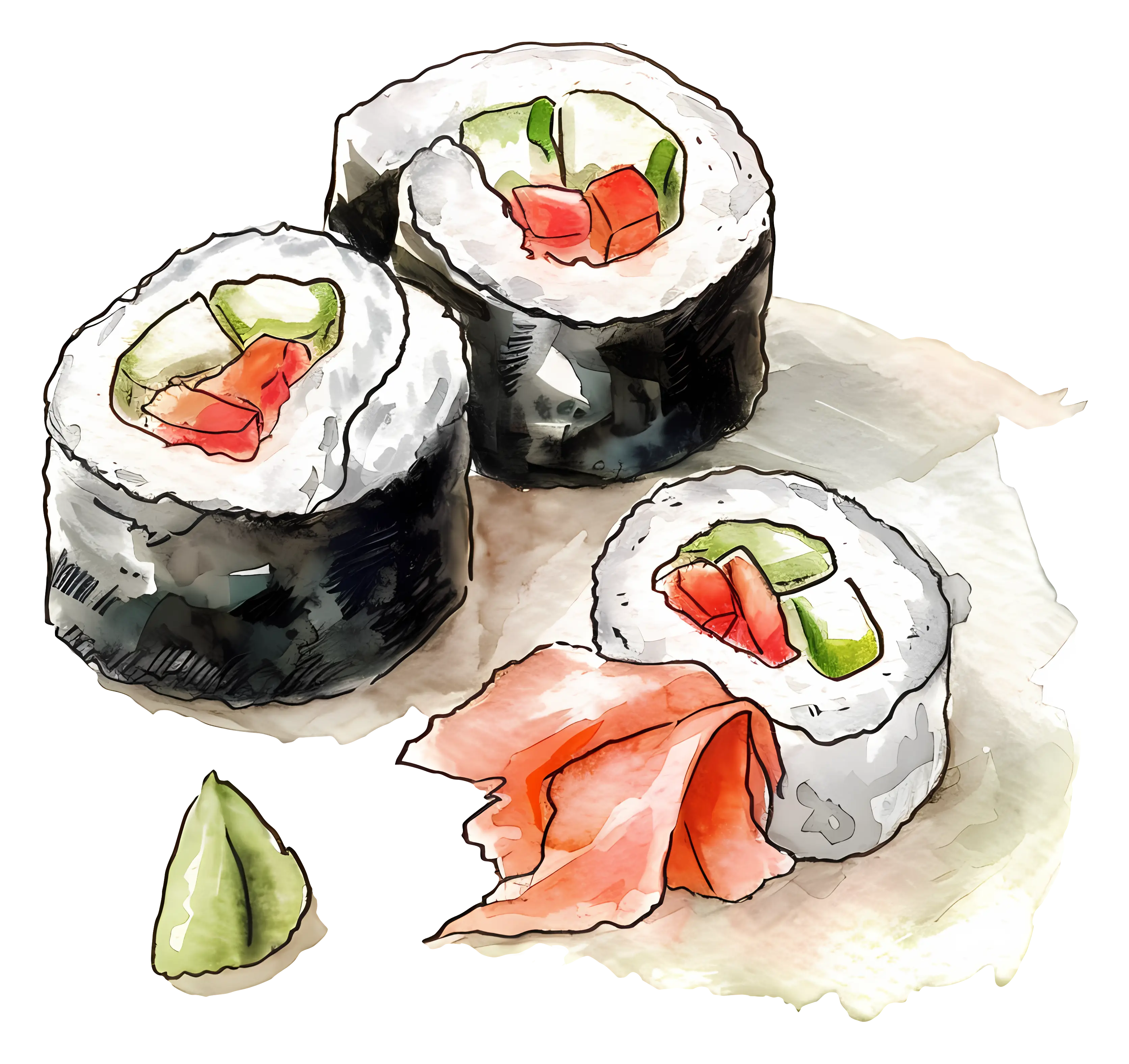 Illustrated Sushi Rolls with Wasabi and Ginger
