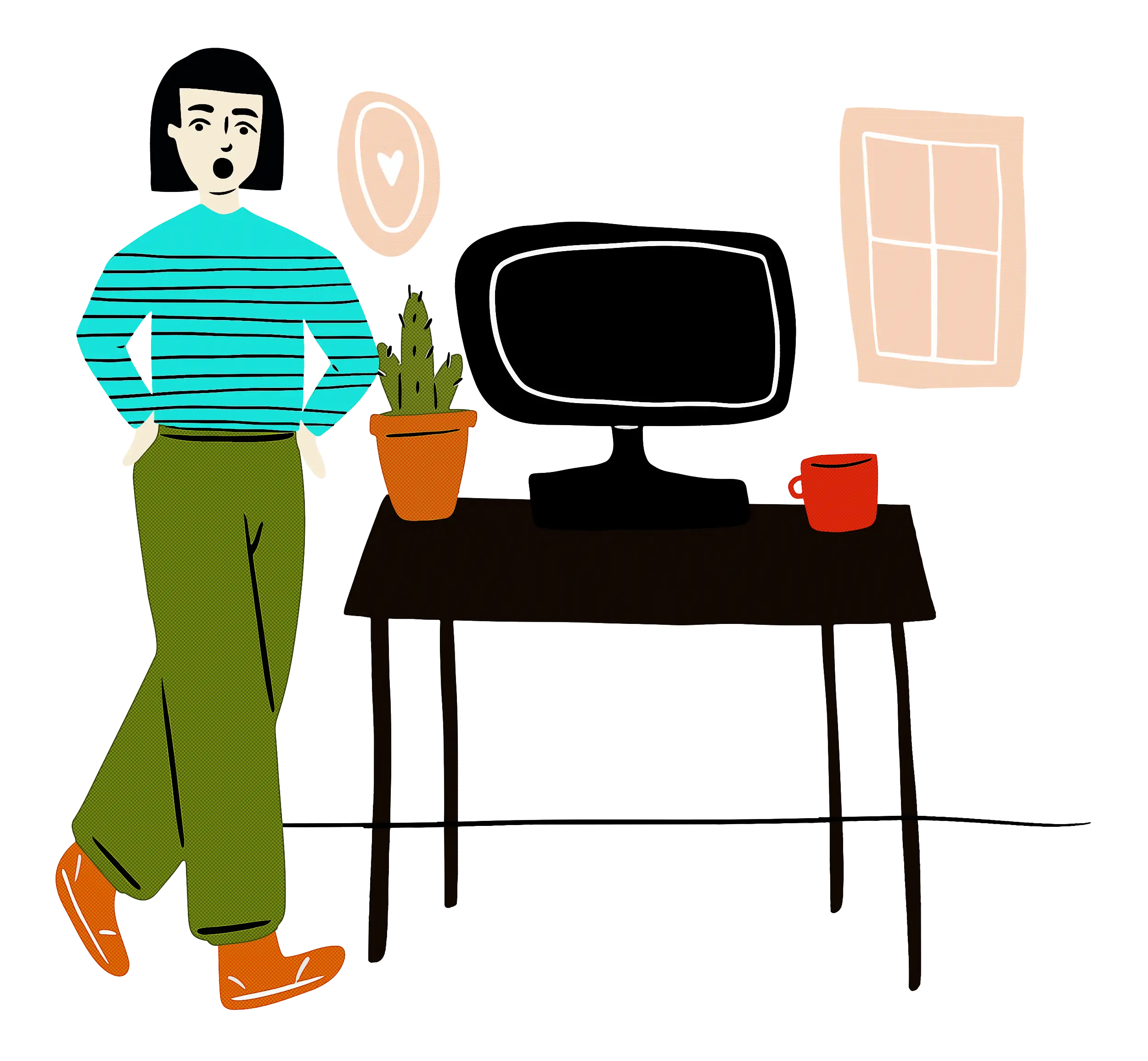 Cartoon Woman with Desk and Computer Scene