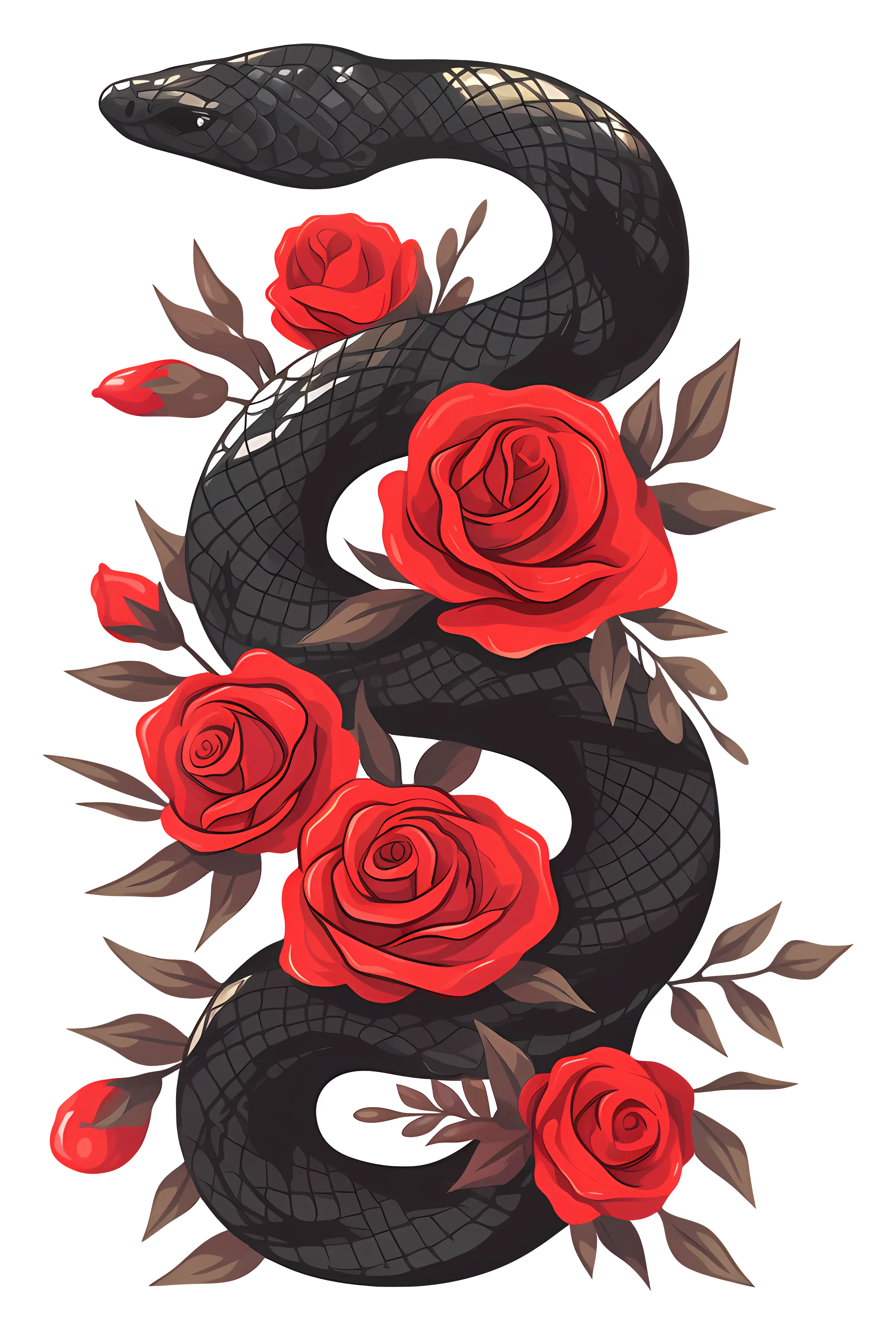 Black Snake Entwined with Red Roses