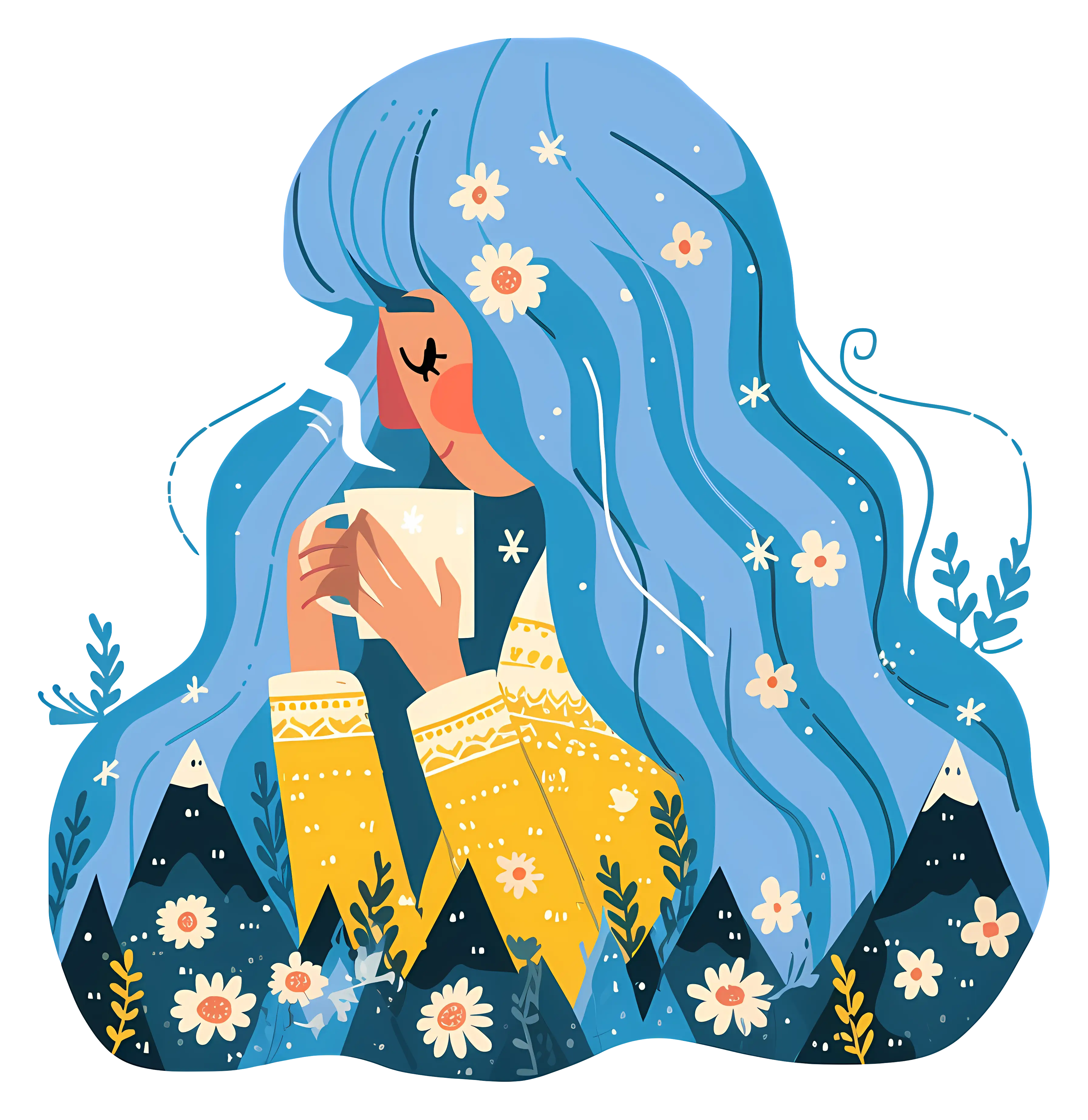 Girl with Blue Hair Enjoying a Warm Drink