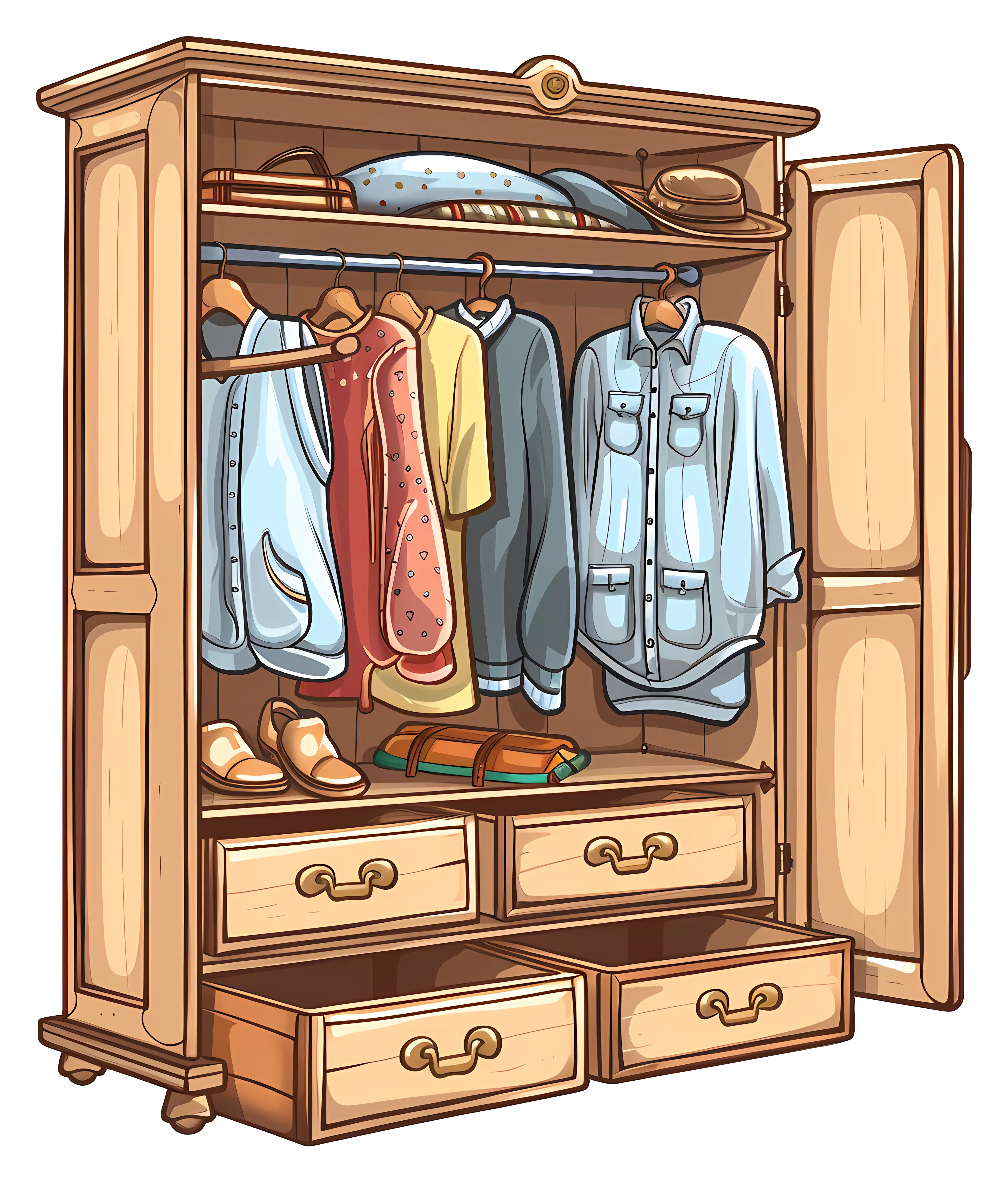 Wooden Wardrobe with Clothes and Accessories