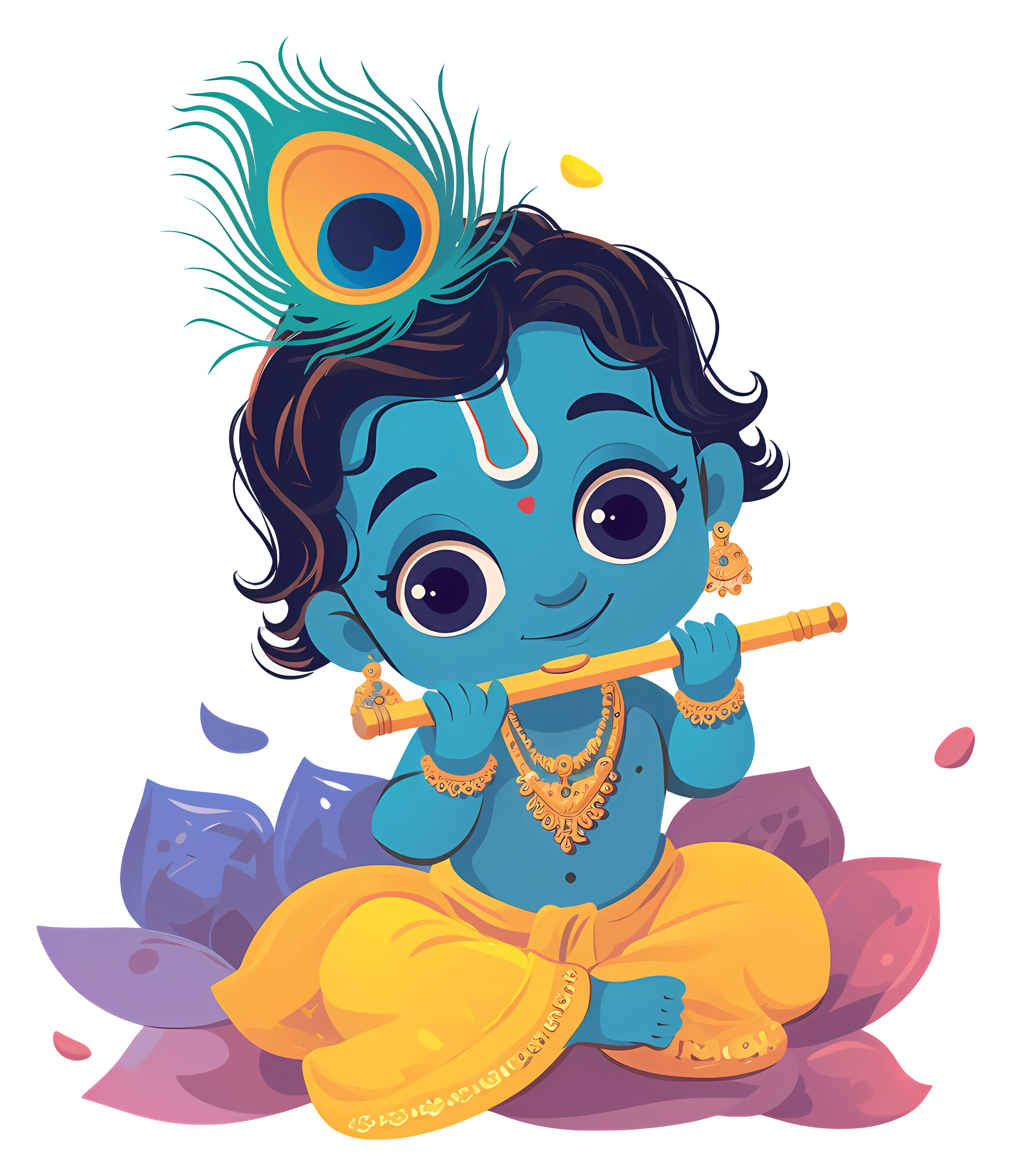Blue Baby Playing Flute with Peacock Feather