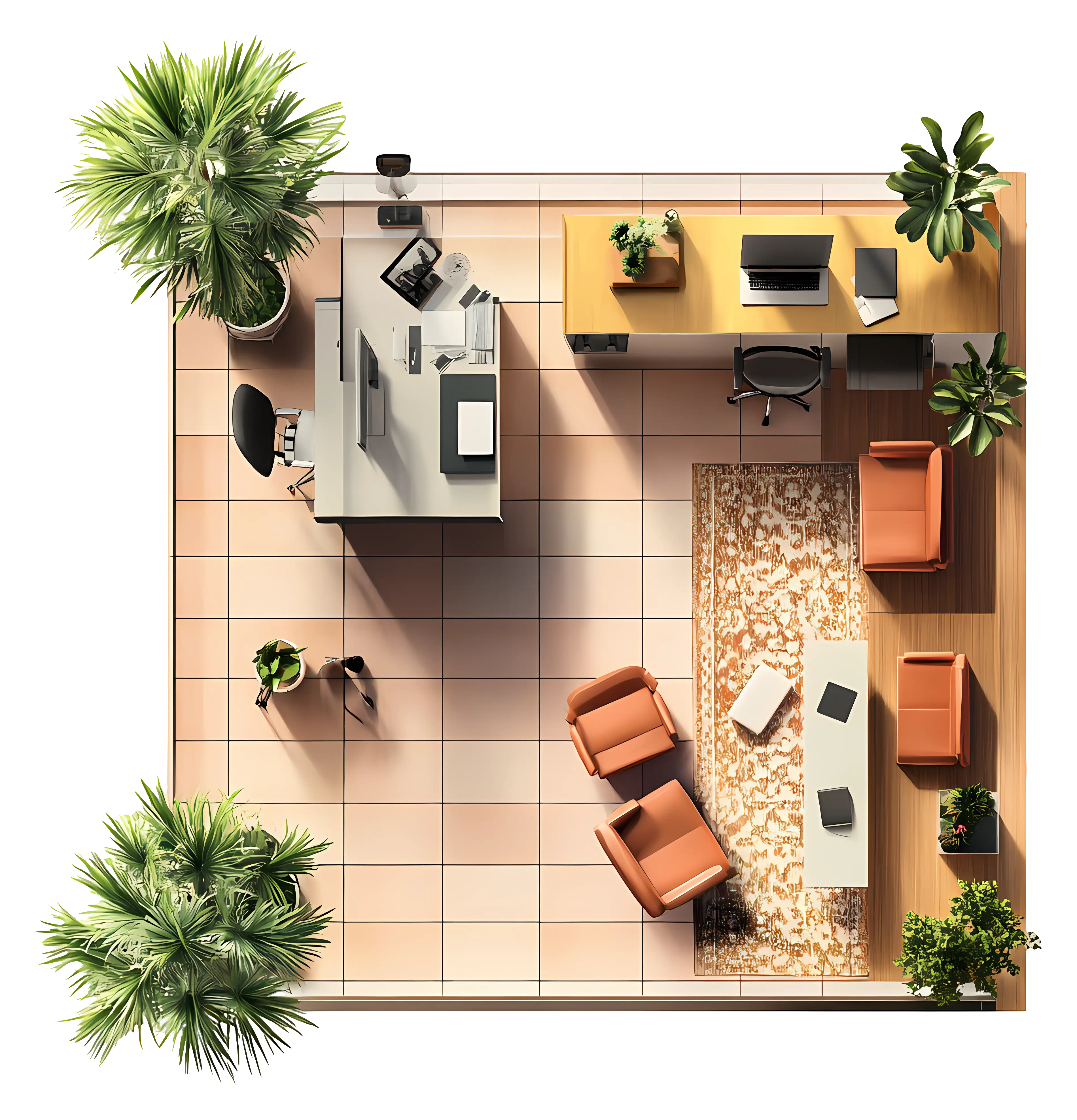 Modern Office Layout with Plants