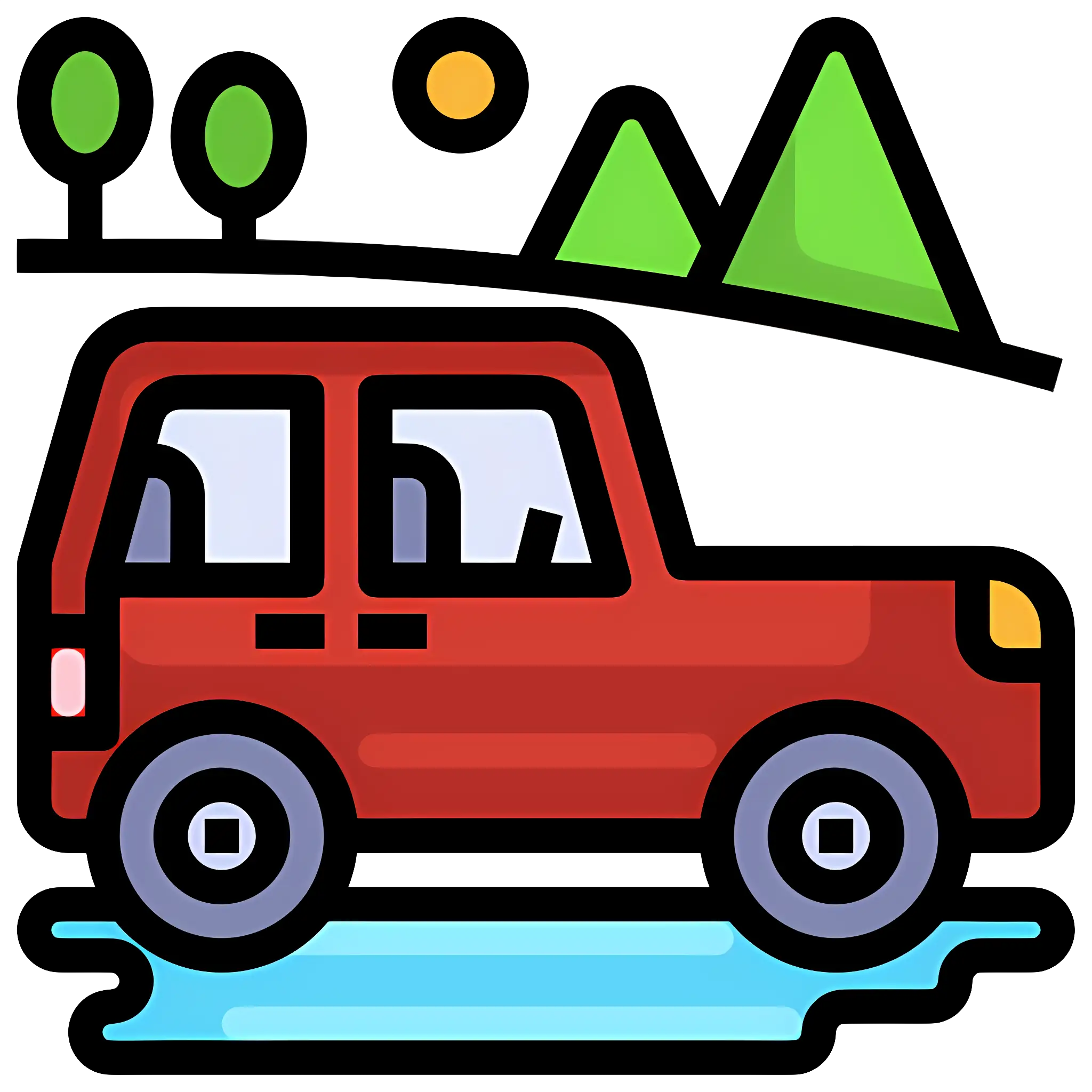 Red Car Driving in Countryside Landscape