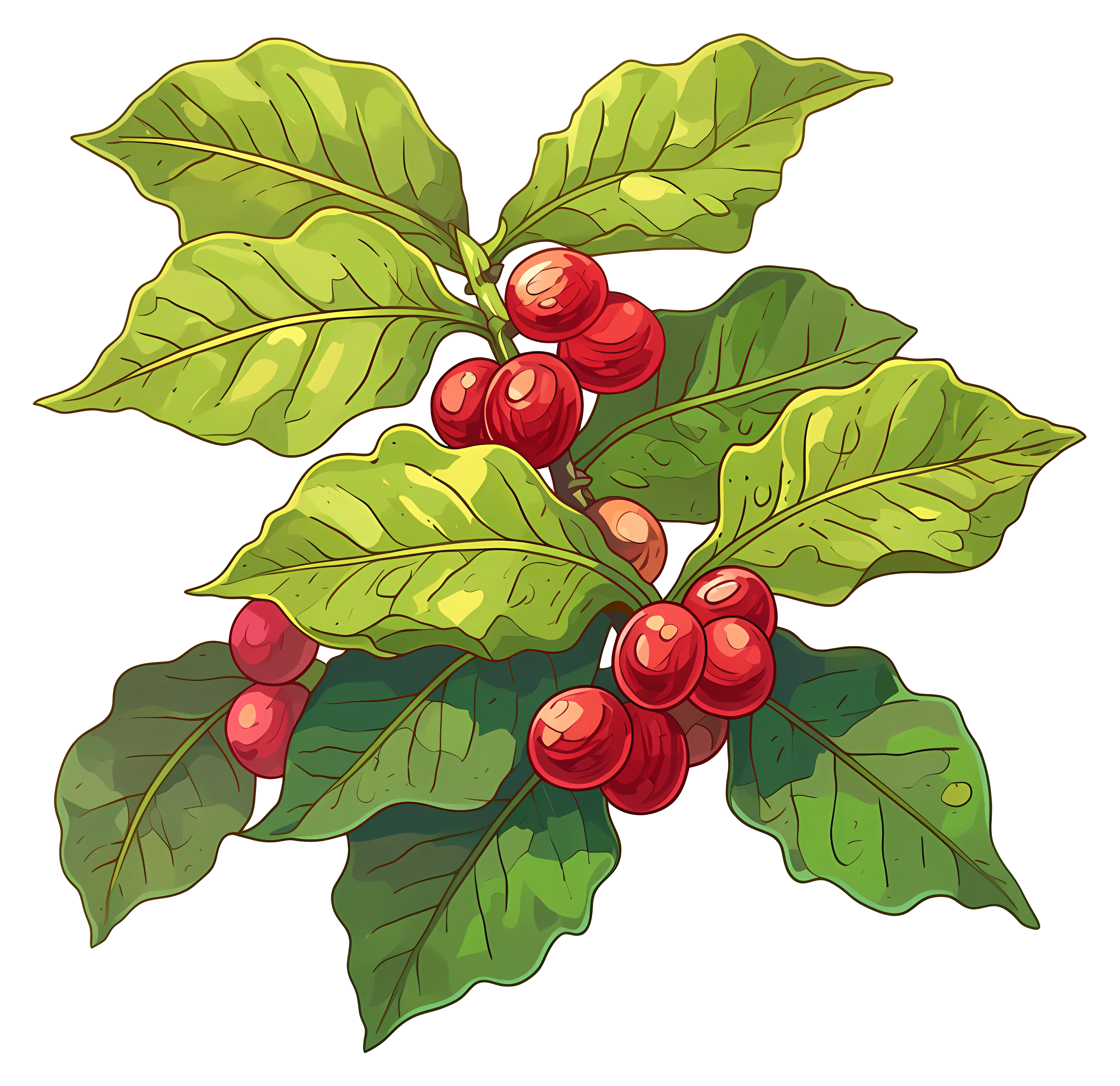 Coffee Plant with Red Cherries and Leaves