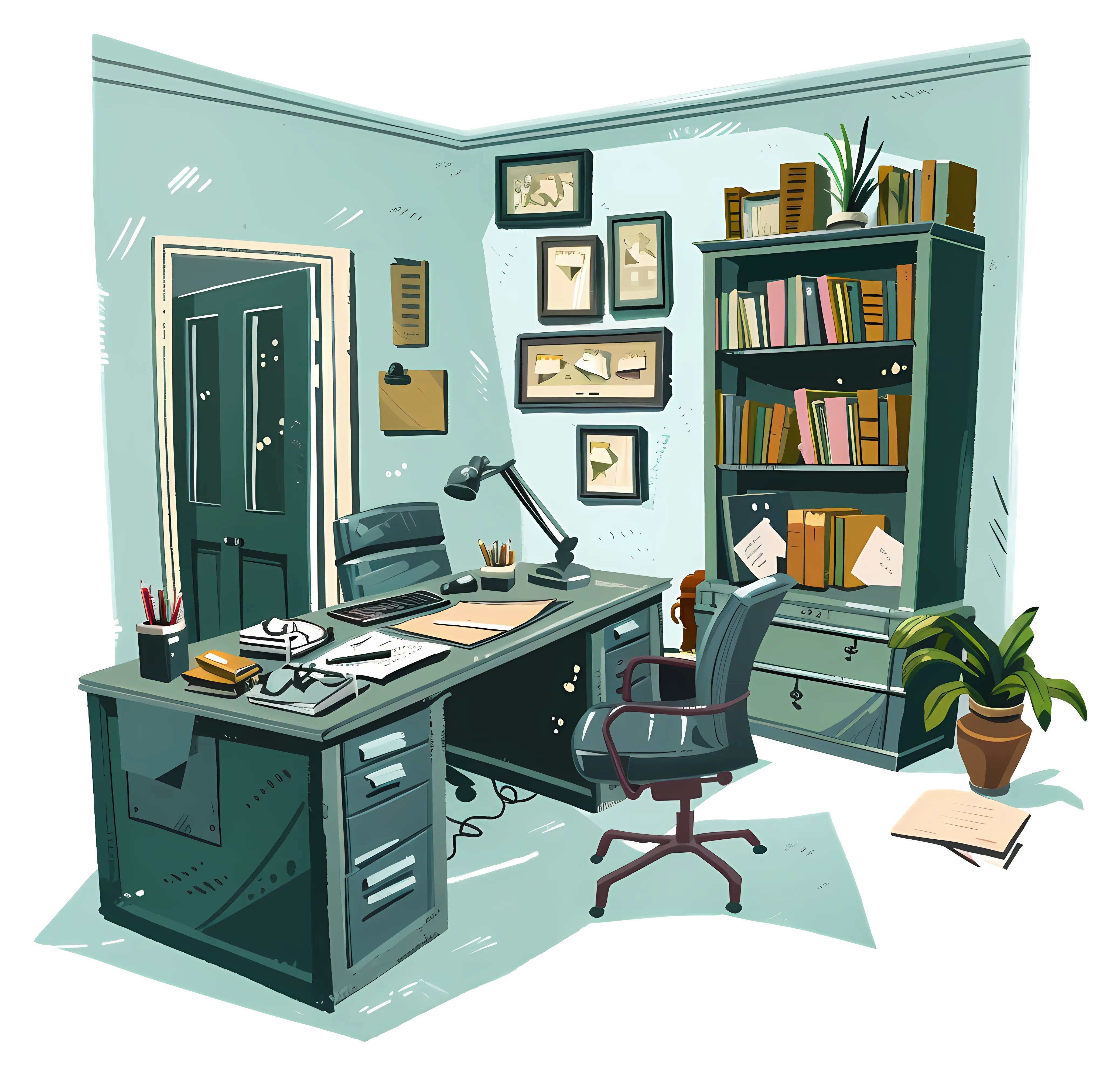 Cozy Office Room with Desk and Bookshelf
