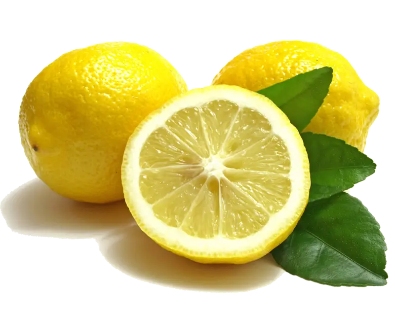Yellow Lemons with Leaves and a Sliced Half
