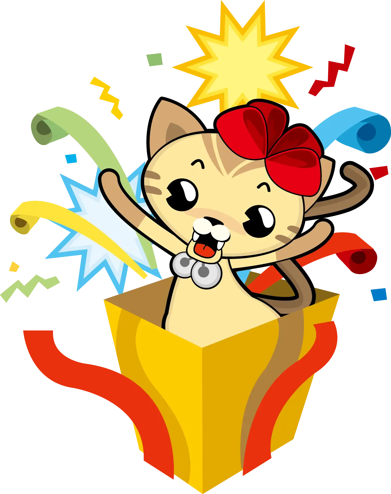 Cartoon Cat Popping Out of Gift Box
