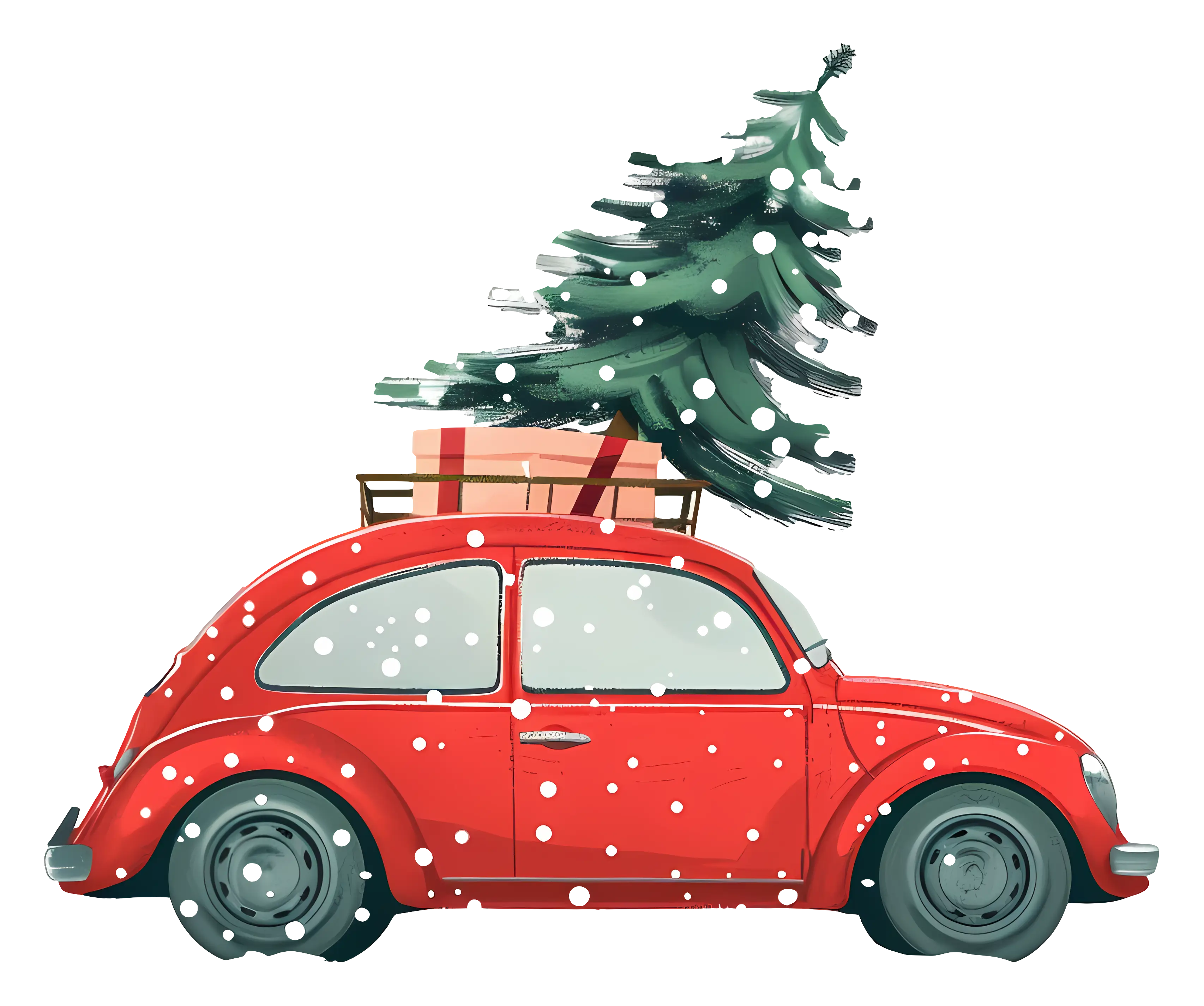Red Car with Christmas Tree on Roof
