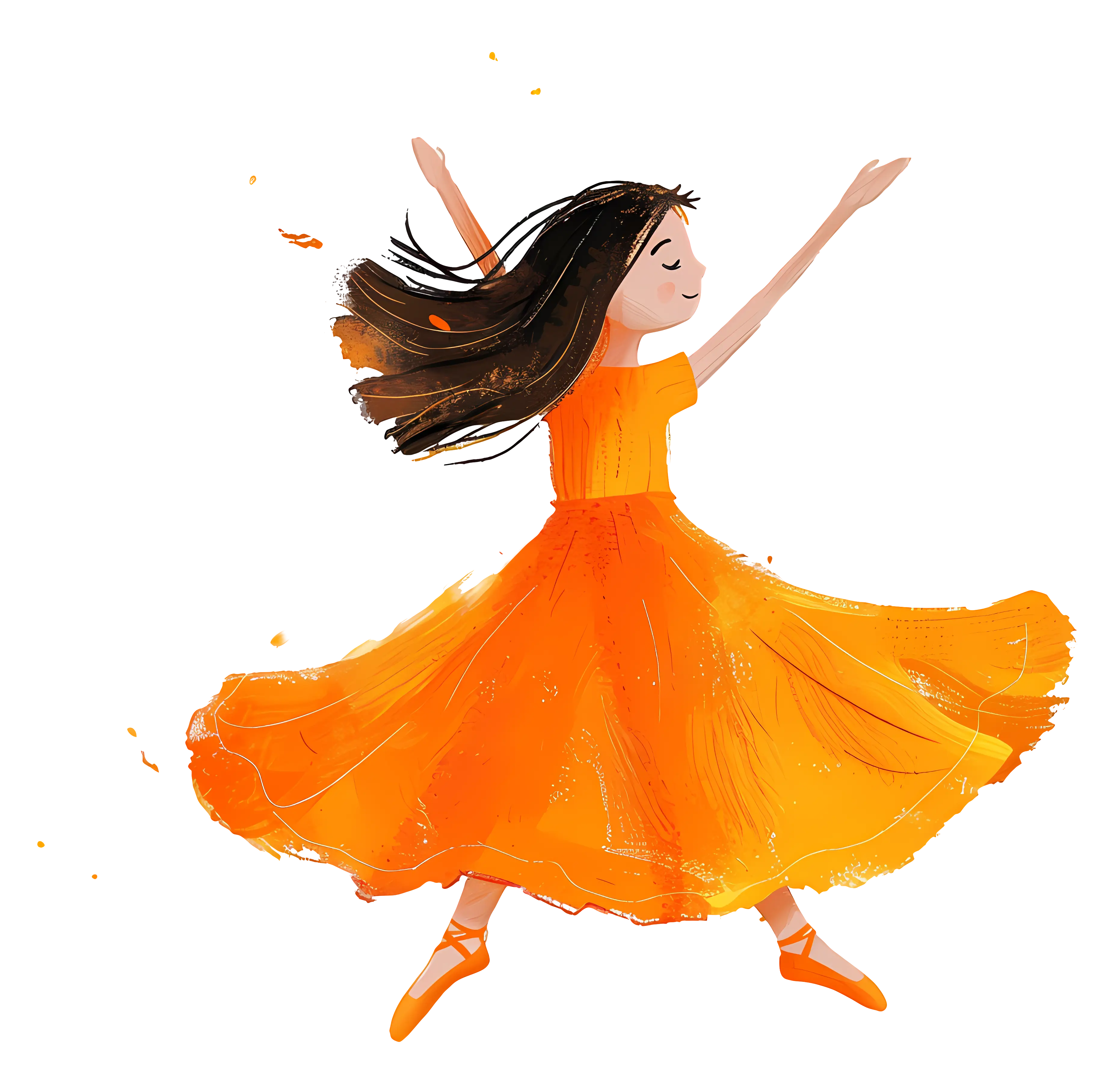 Joyful Girl Dancing in Orange Dress