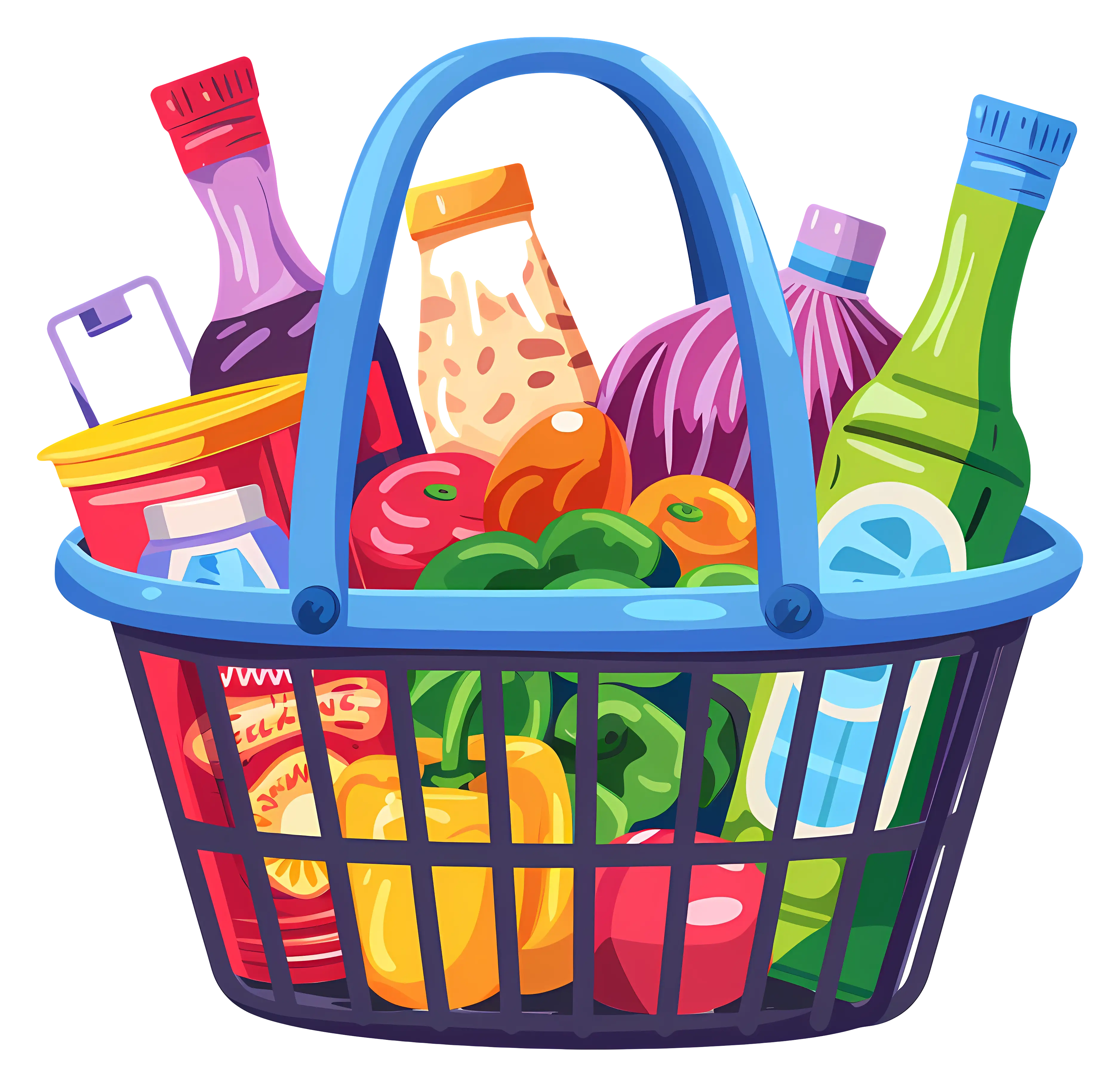 Colorful Basket of Groceries with Vegetables and Bottles