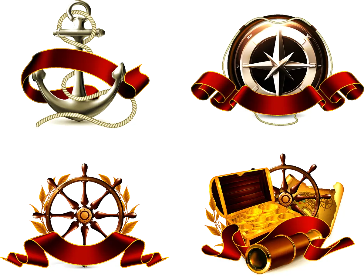 Nautical Symbols with Red Ribbons for Marine Theme