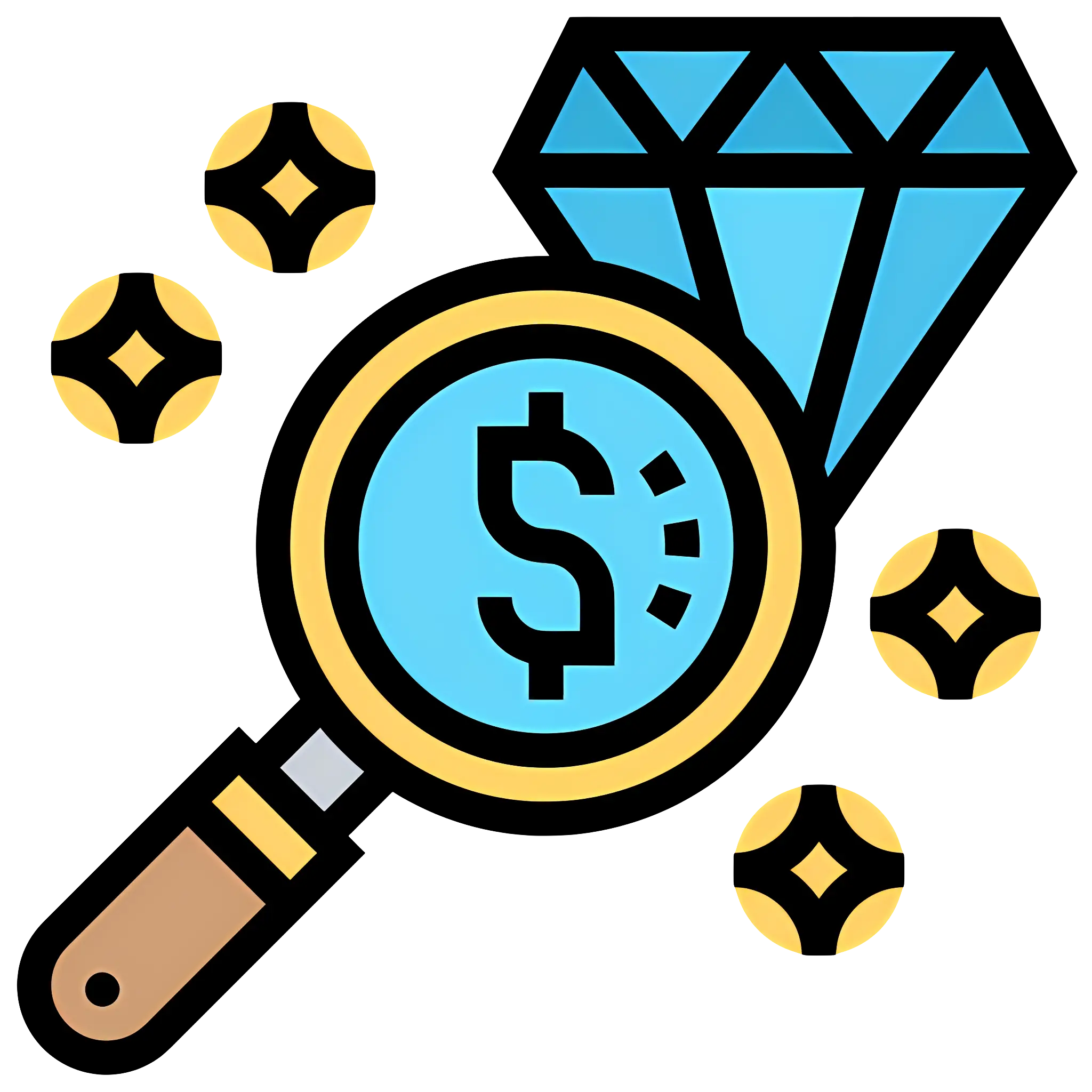 Magnifying Glass Inspecting Dollar and Diamond