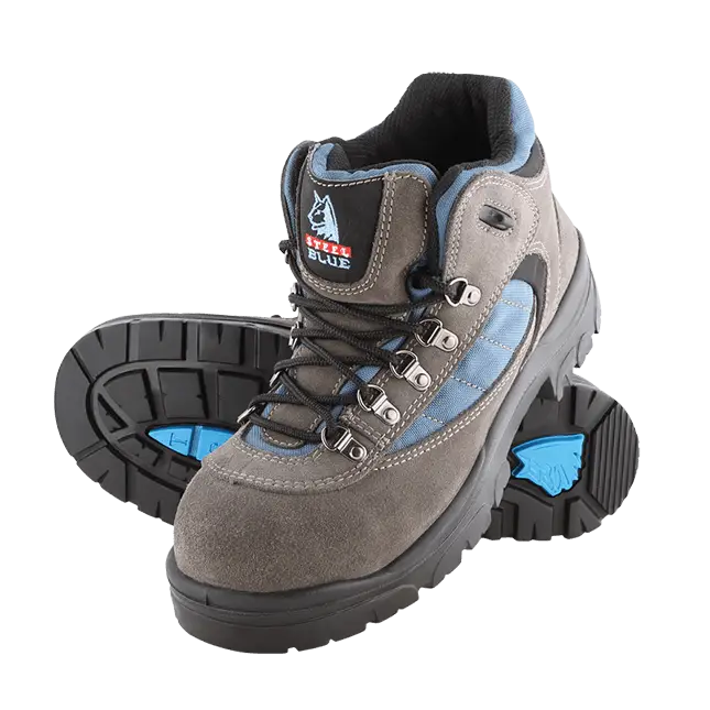 Grey Hiking Boots with Black Soles and Blue Accents