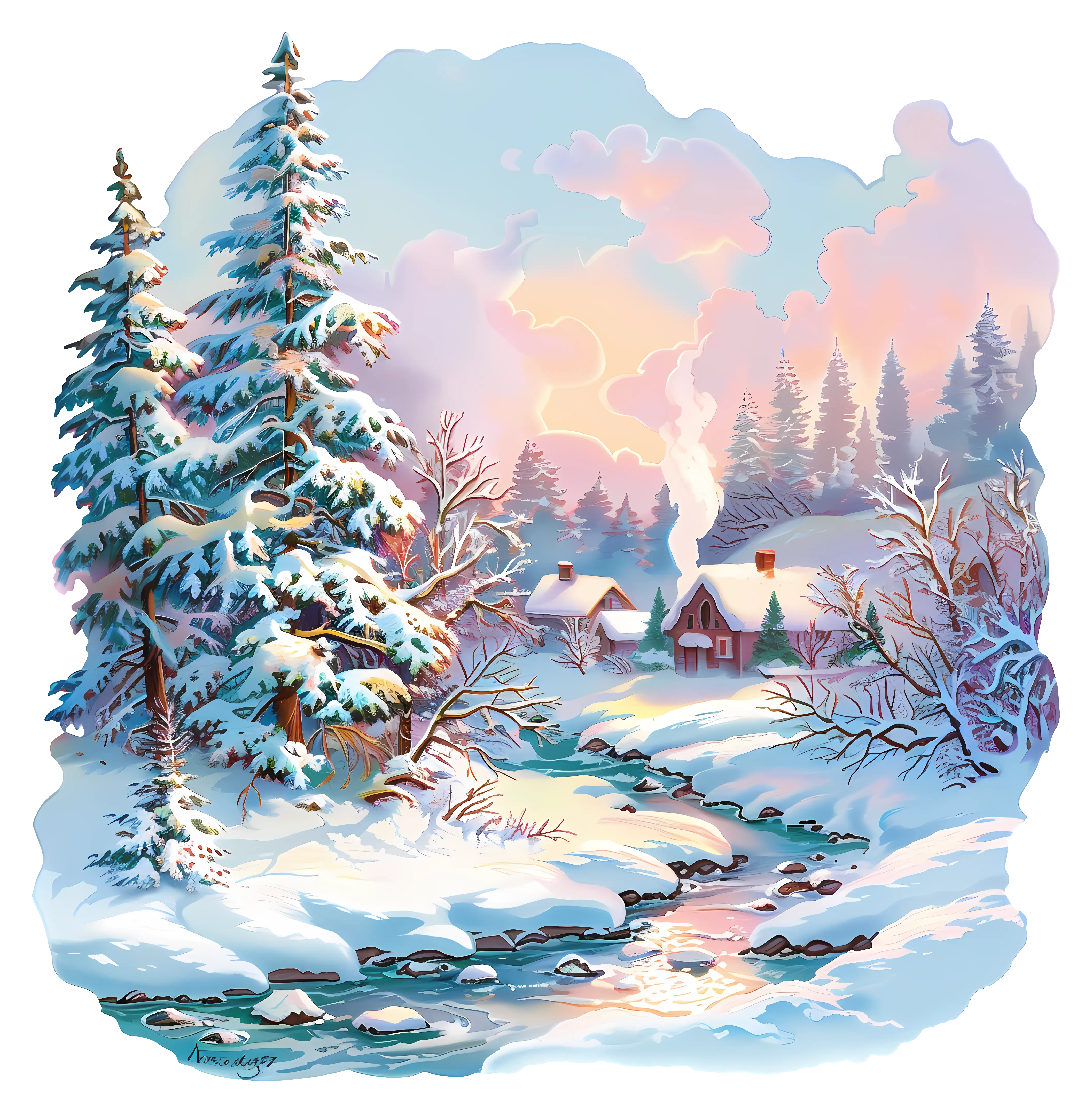 Snowy Winter Landscape with Cozy Cabin