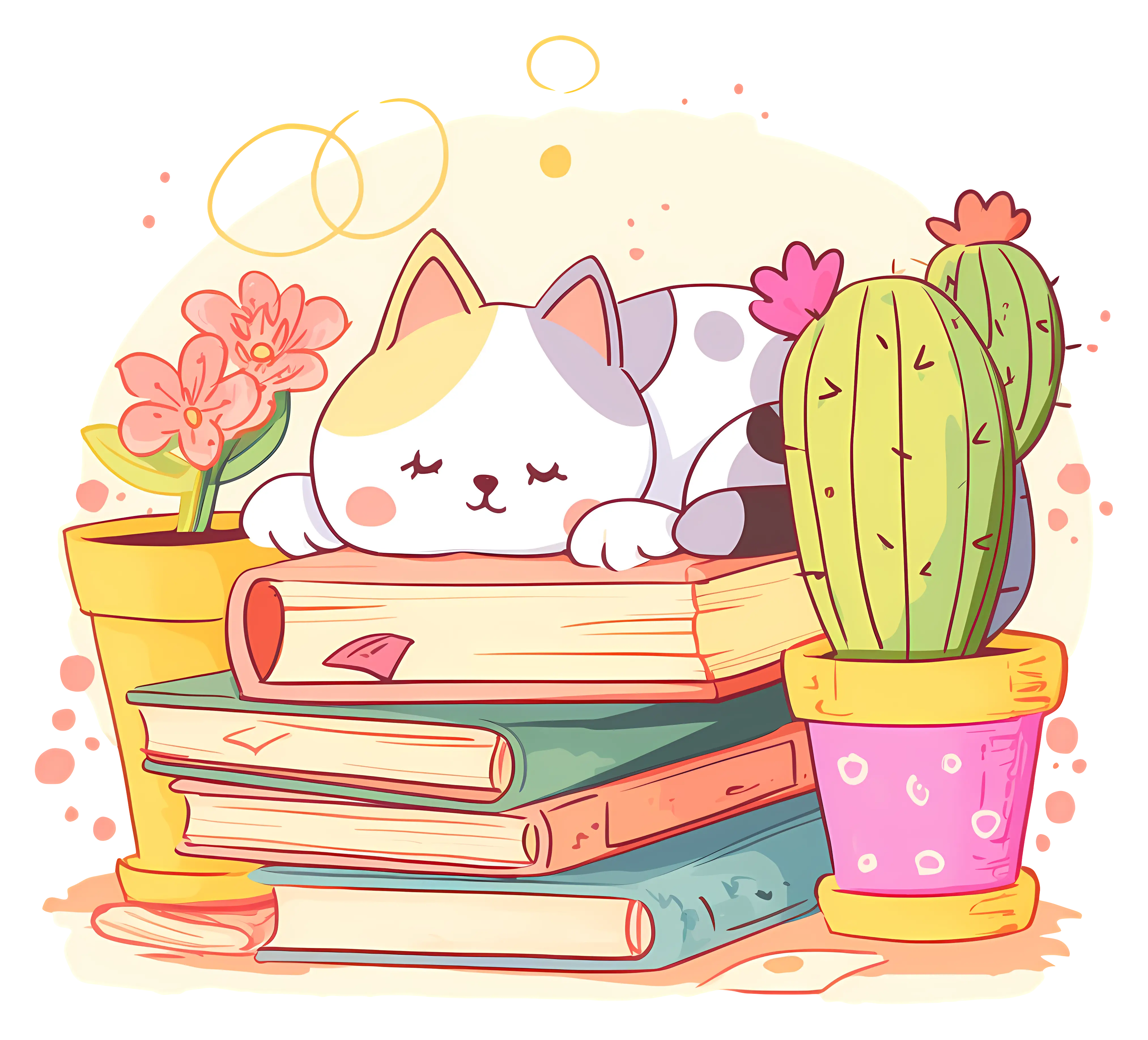 Cartoon Cat Sleeping on Books