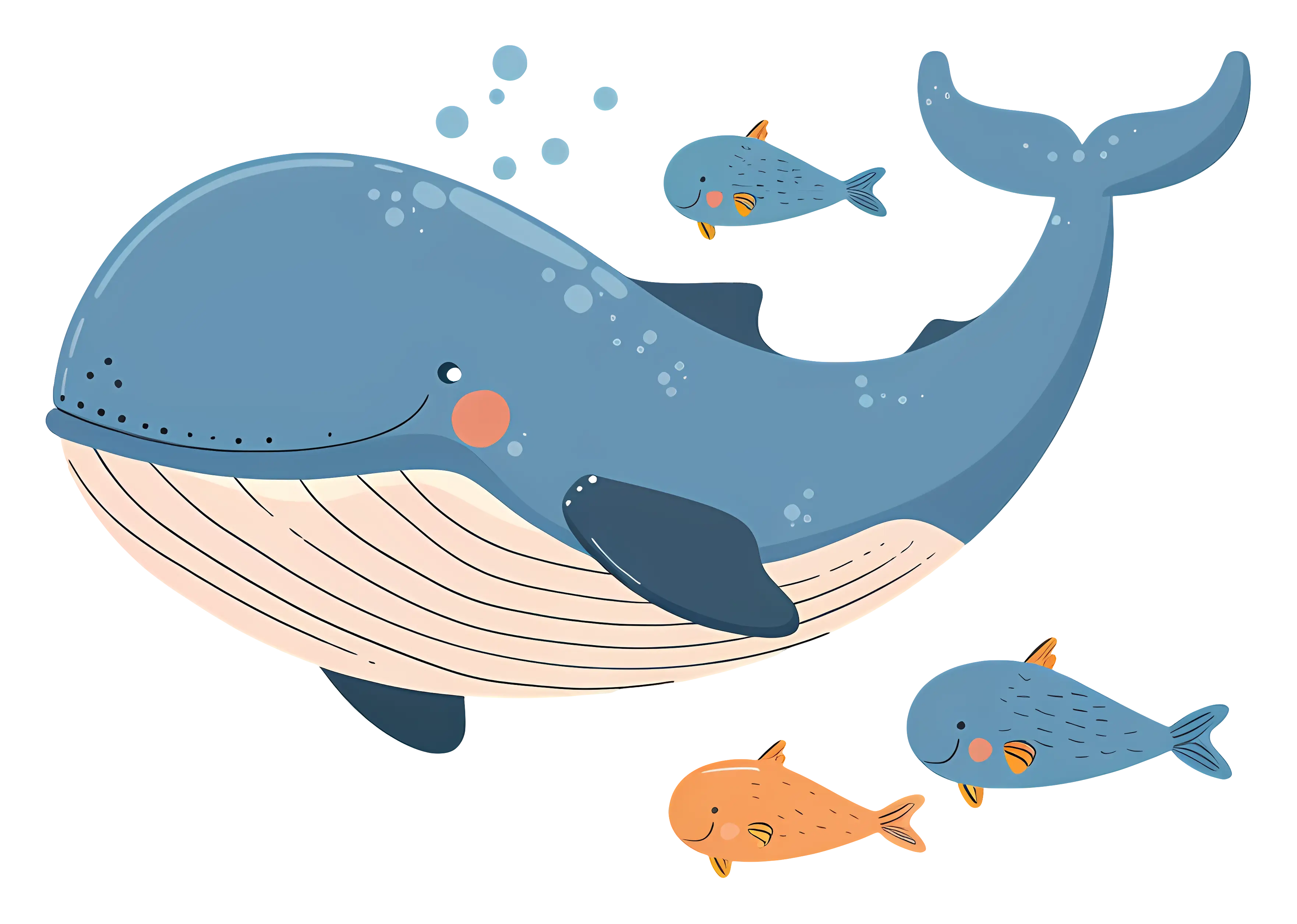 Blue Whale with Colorful Fish in Cartoon Design