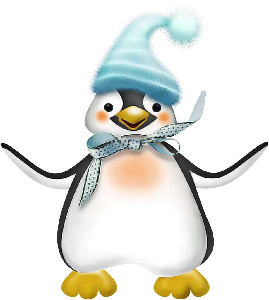 Cartoon Penguin Wearing Blue Hat and Scarf