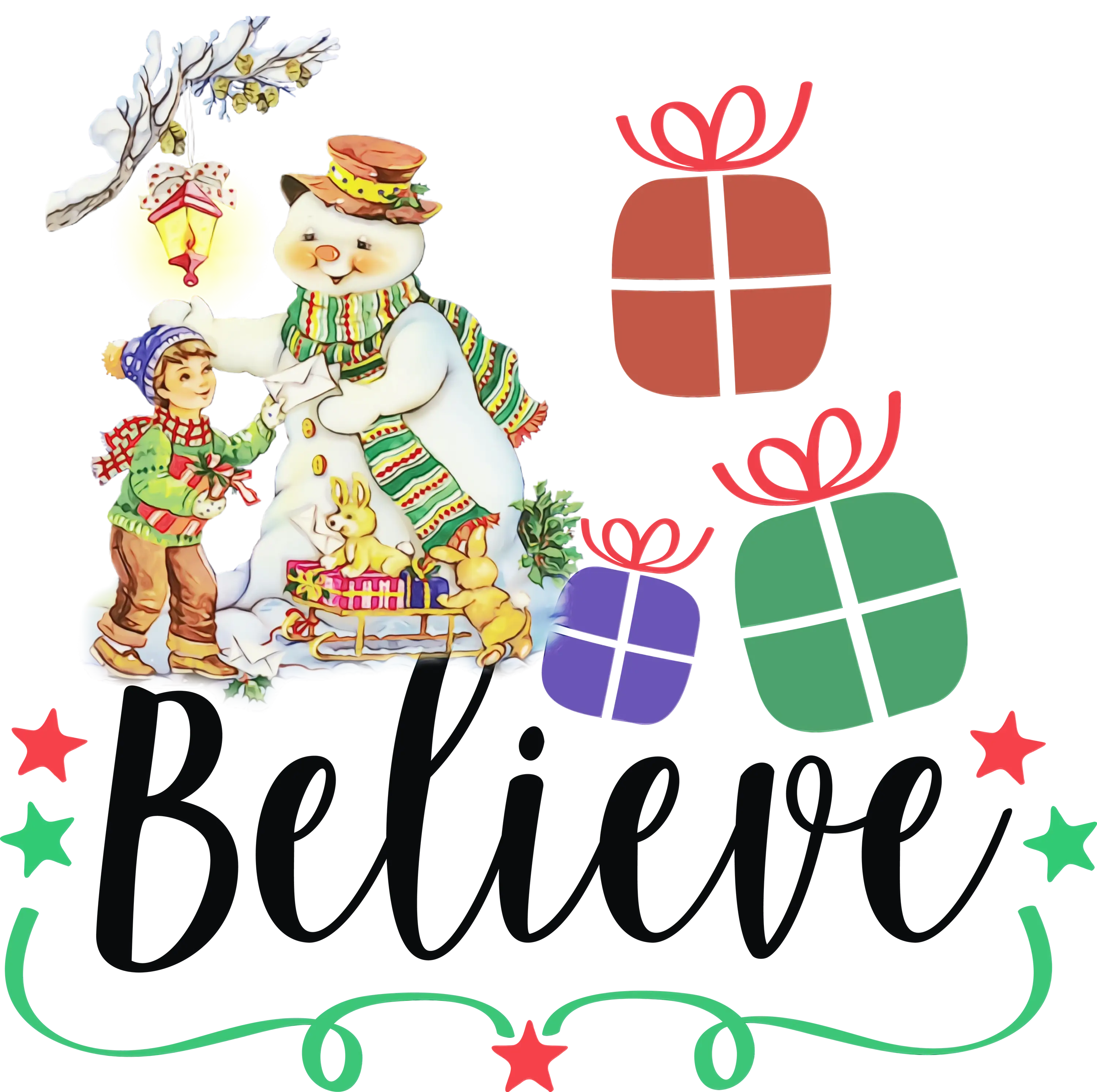 Snowman with Child and Presents Christmas Illustration