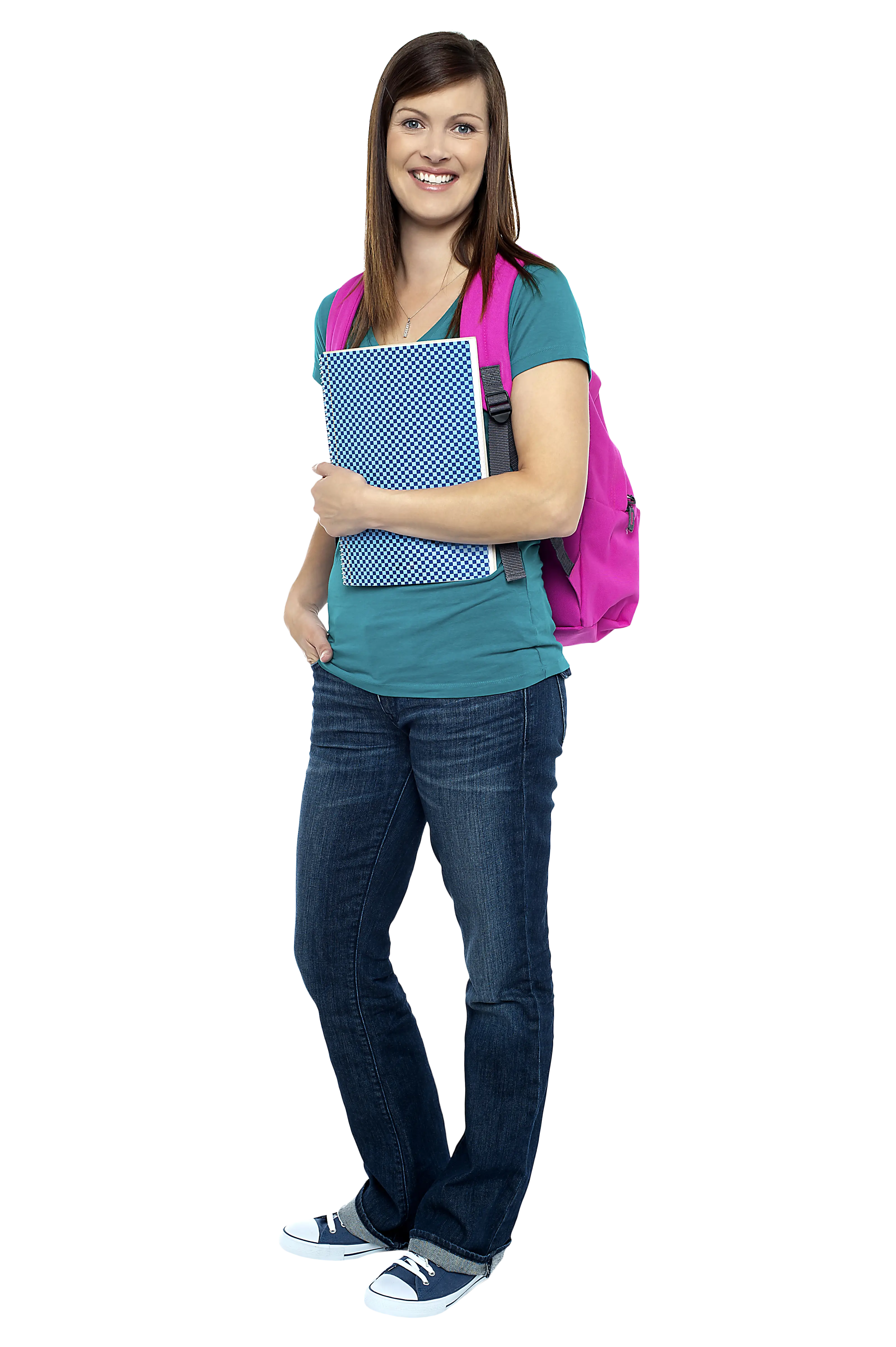 Smiling Woman with Backpack and Notebook