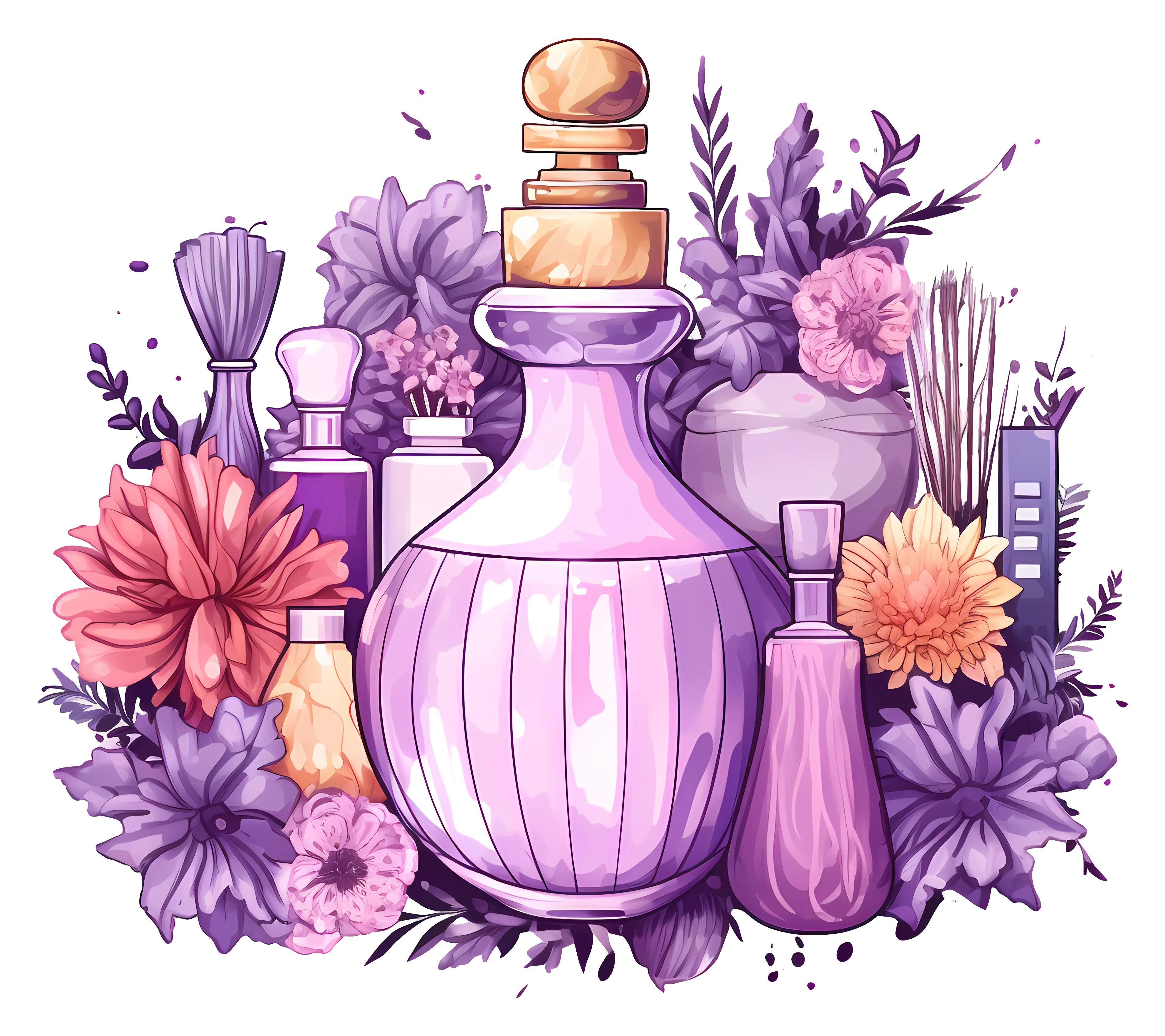 Lavender Perfume Bottles with Floral Arrangement