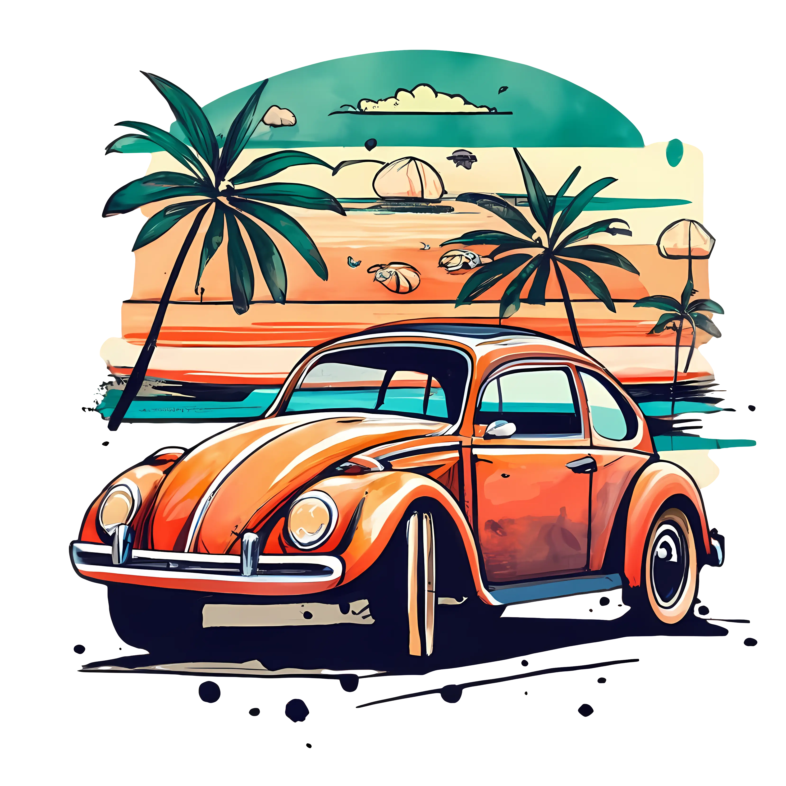 Vintage Car with Tropical Palm Trees Illustration