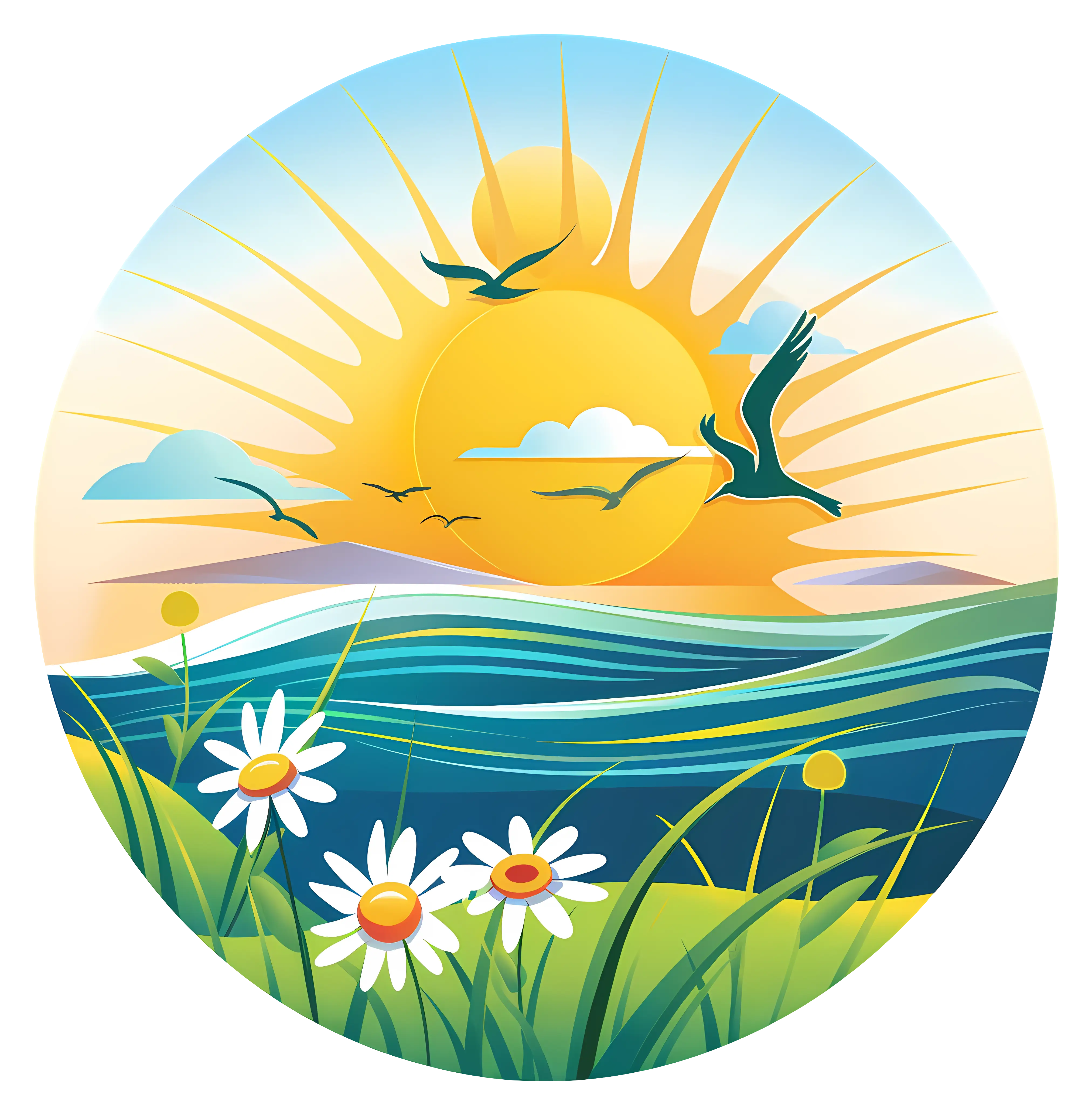 Bright Sunrise with Waves and Flowers