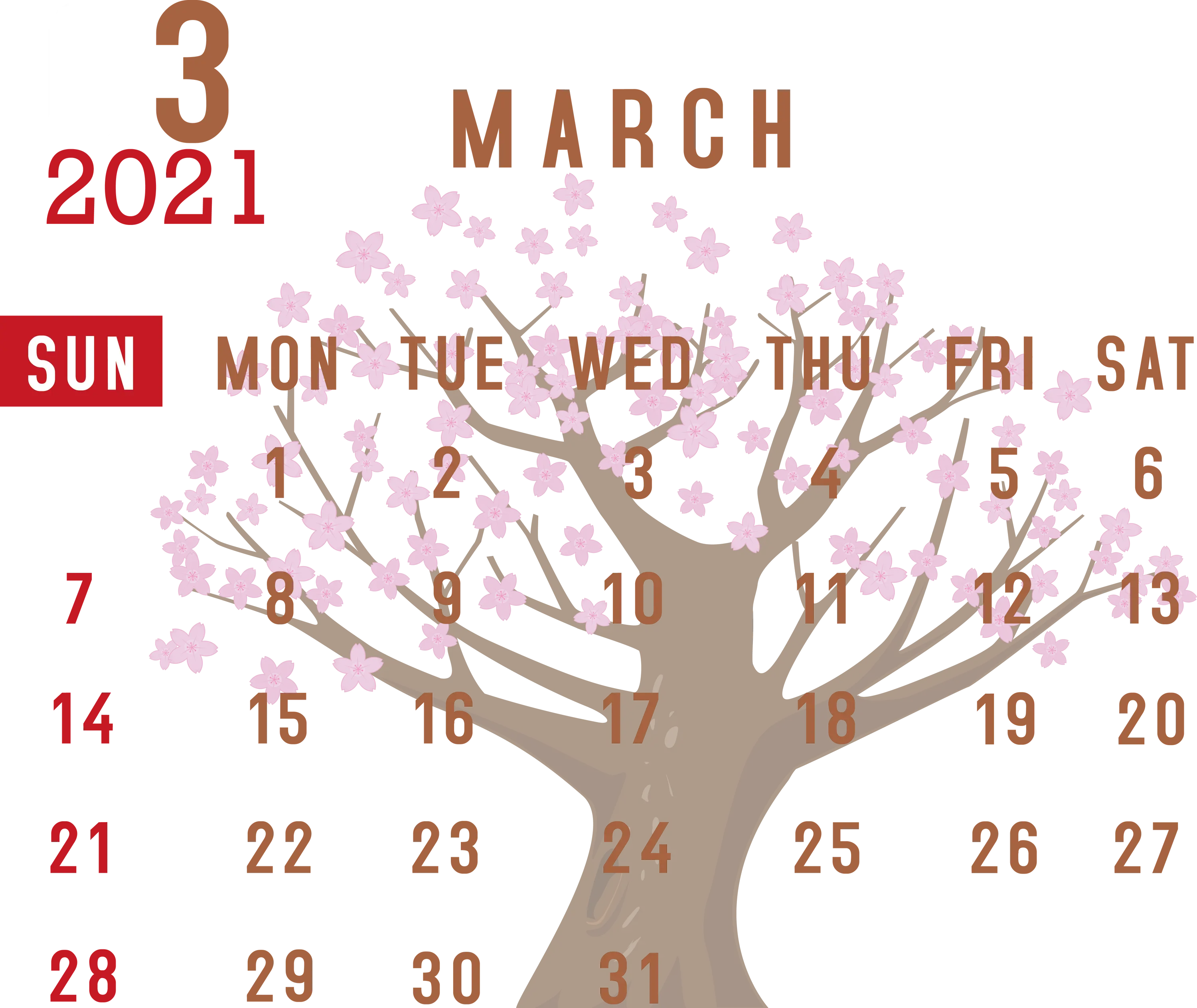 March 2021 Calendar with Blossoming Tree