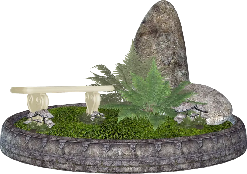 Stone Garden with Bench and Plants