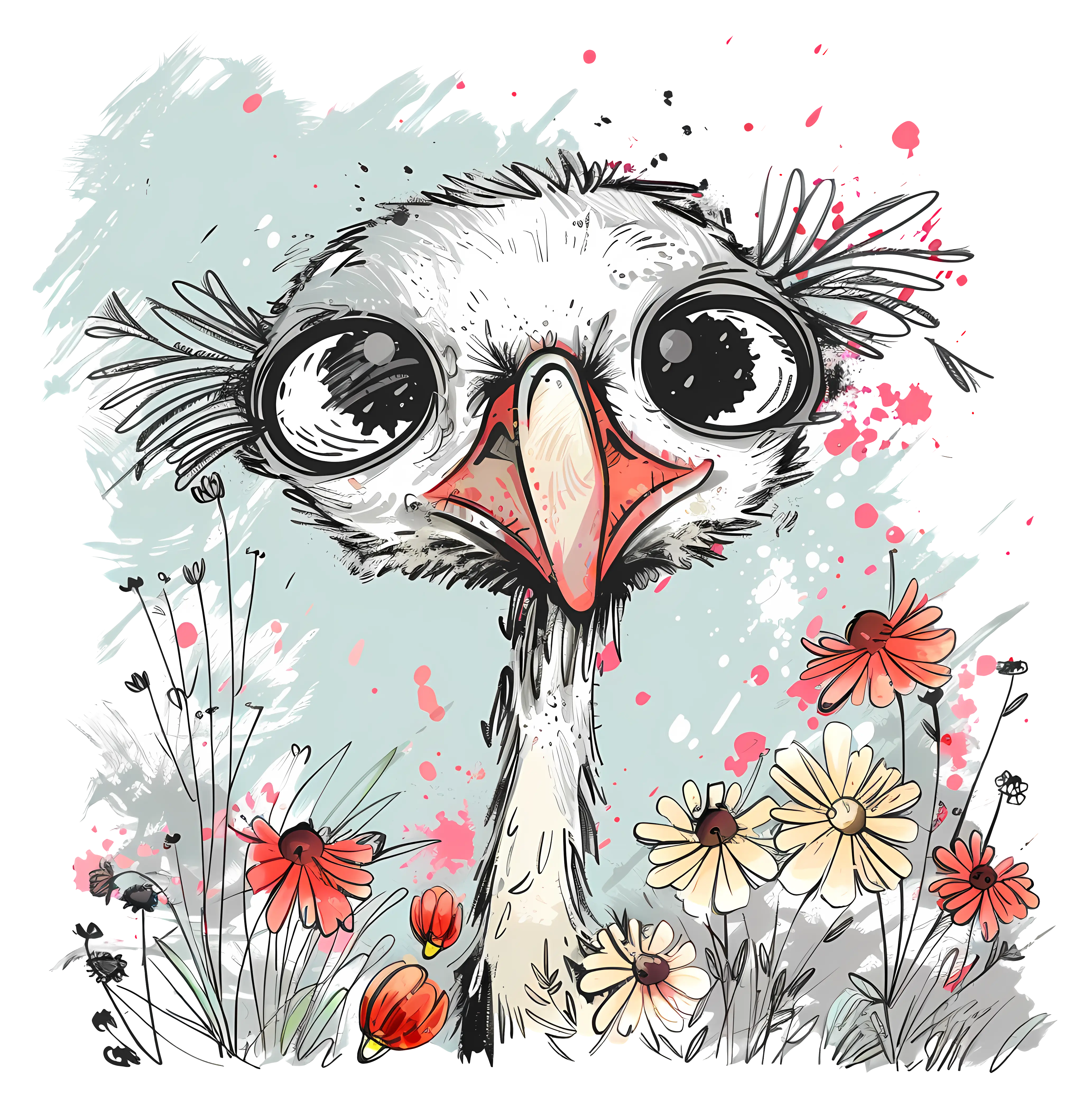Cute Cartoon Ostrich with Flowers