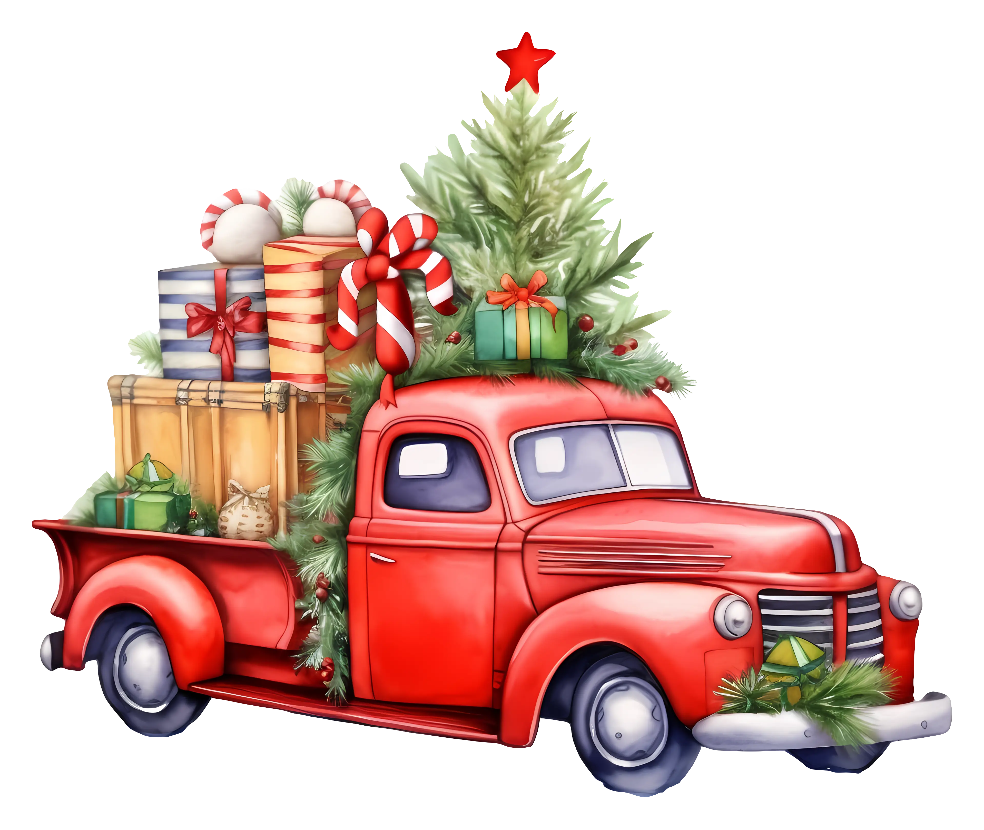 Vintage Red Christmas Truck with Gifts and Tree