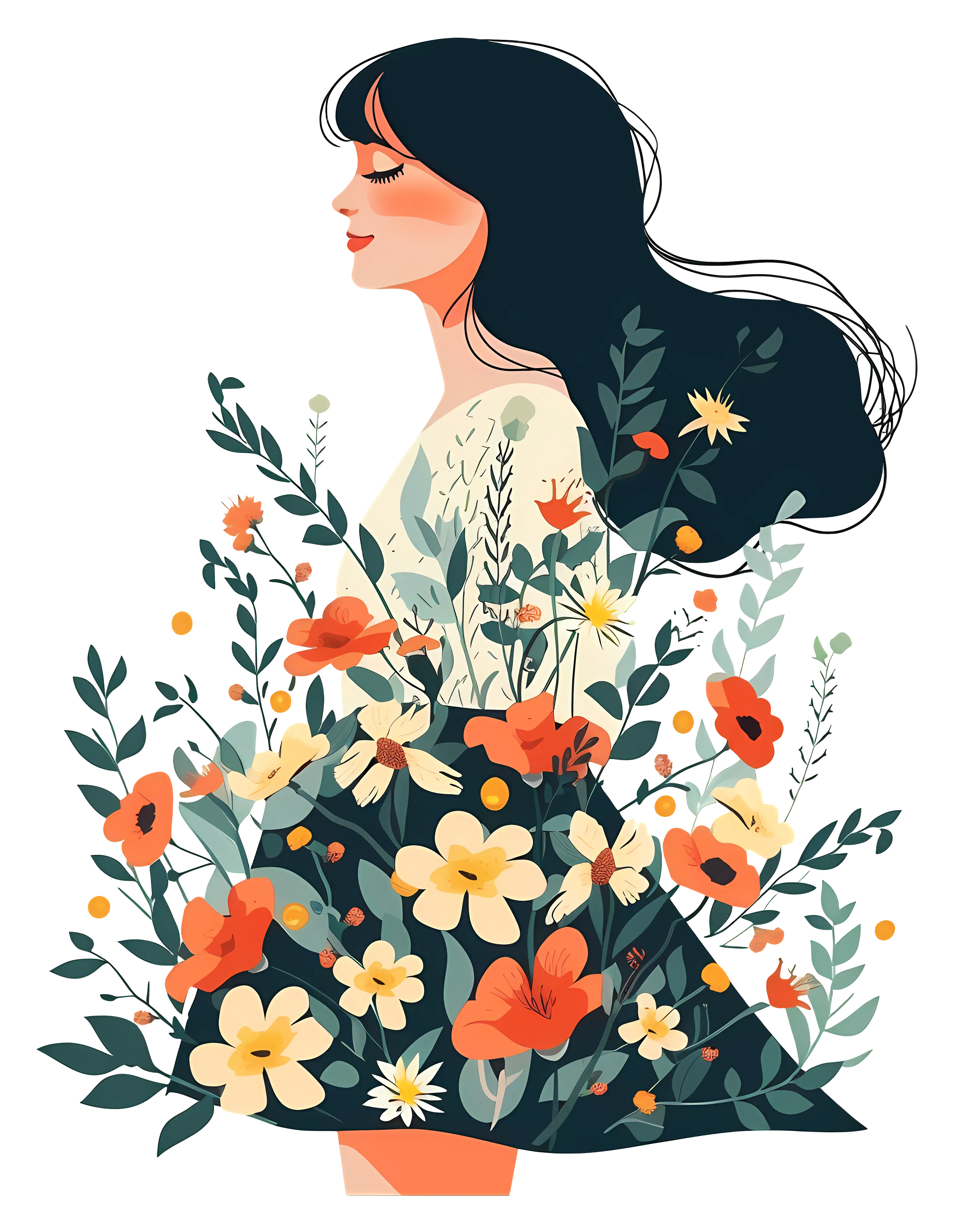 Beautiful Woman Surrounded by Floral Artwork
