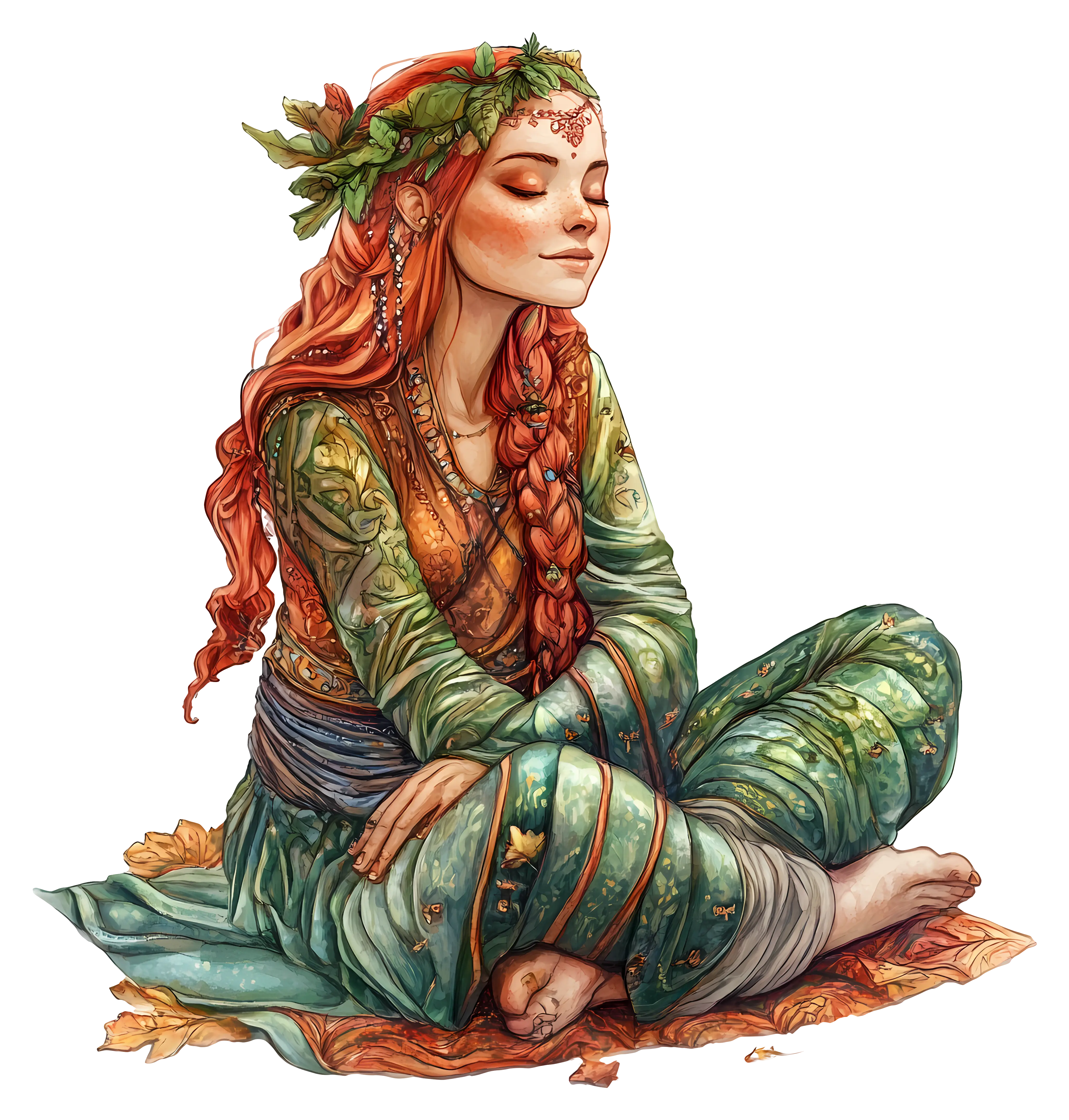Meditative Woman with Autumn Leaves