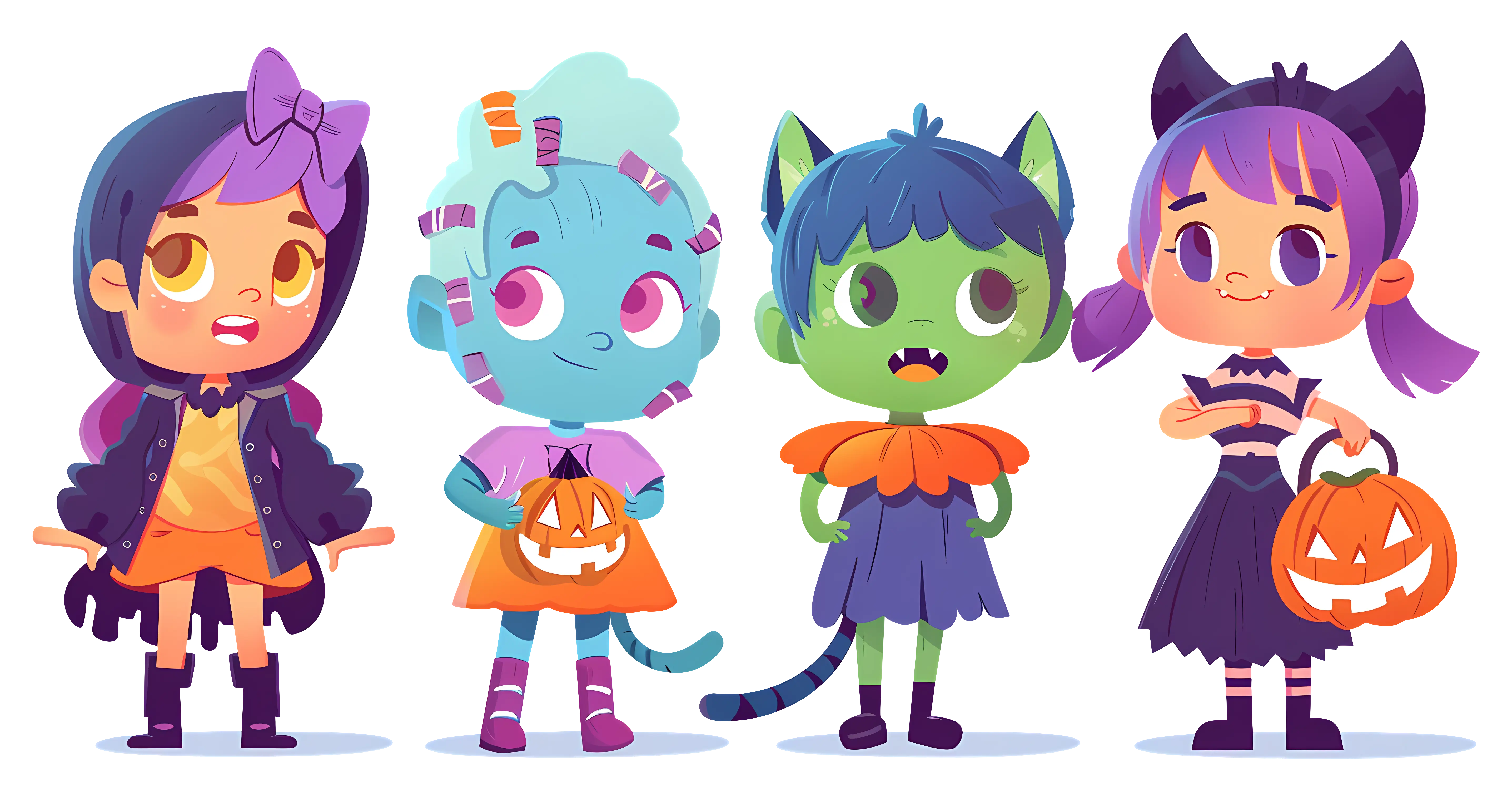 Colorful Halloween Characters with Pumpkins