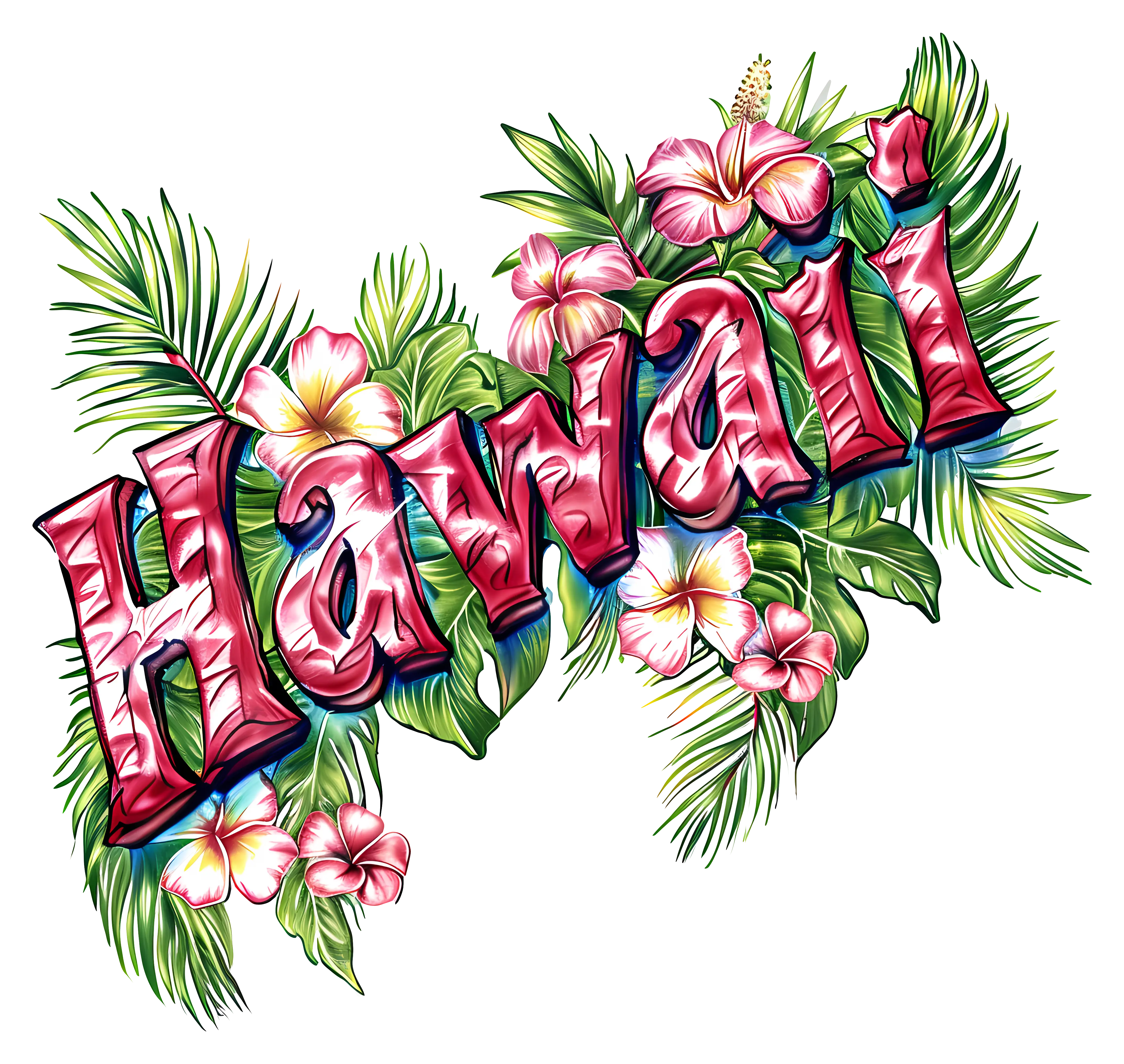 Hawaii Text with Tropical Flowers