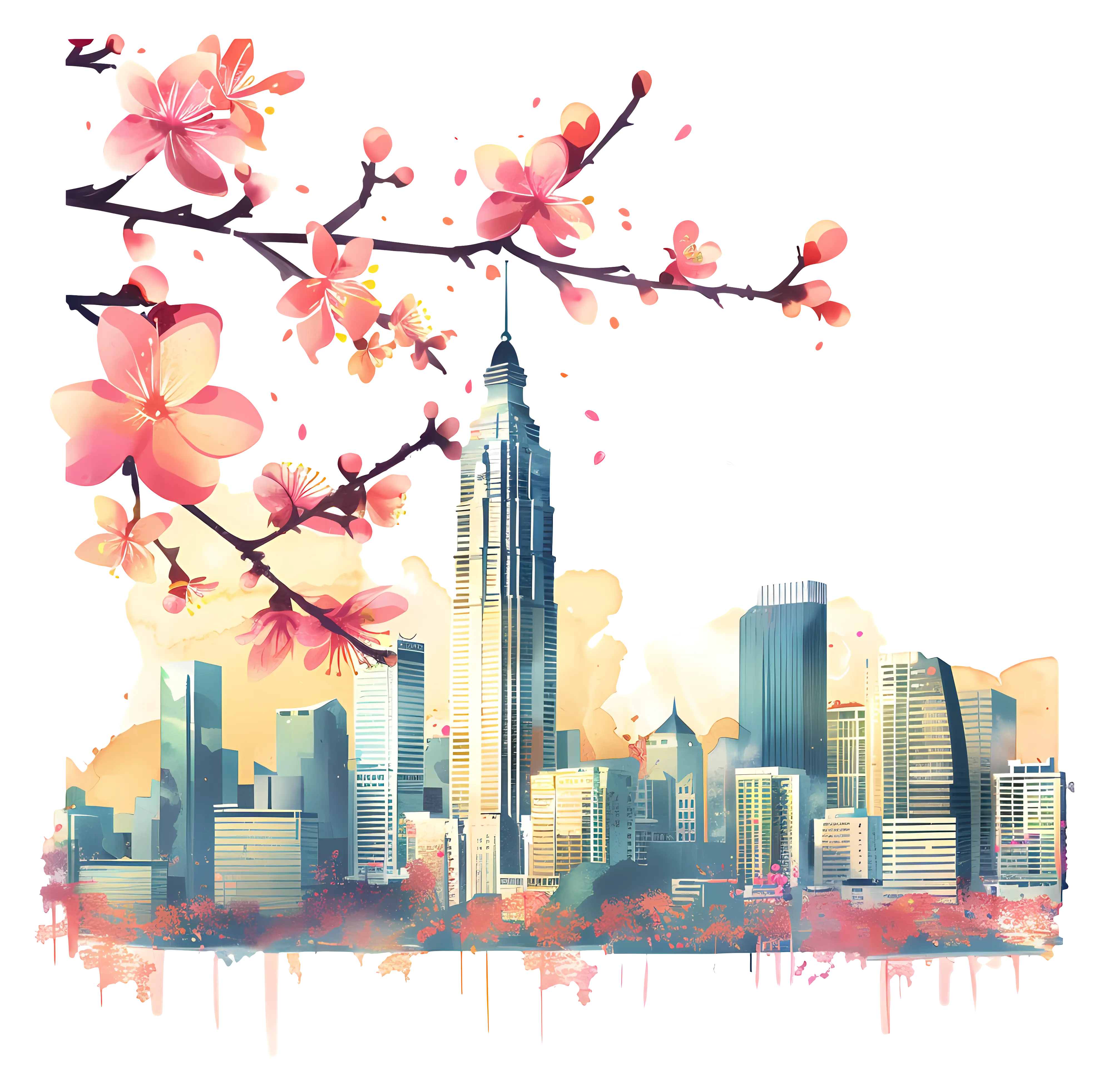 Beautiful Cityscape with Cherry Blossoms
