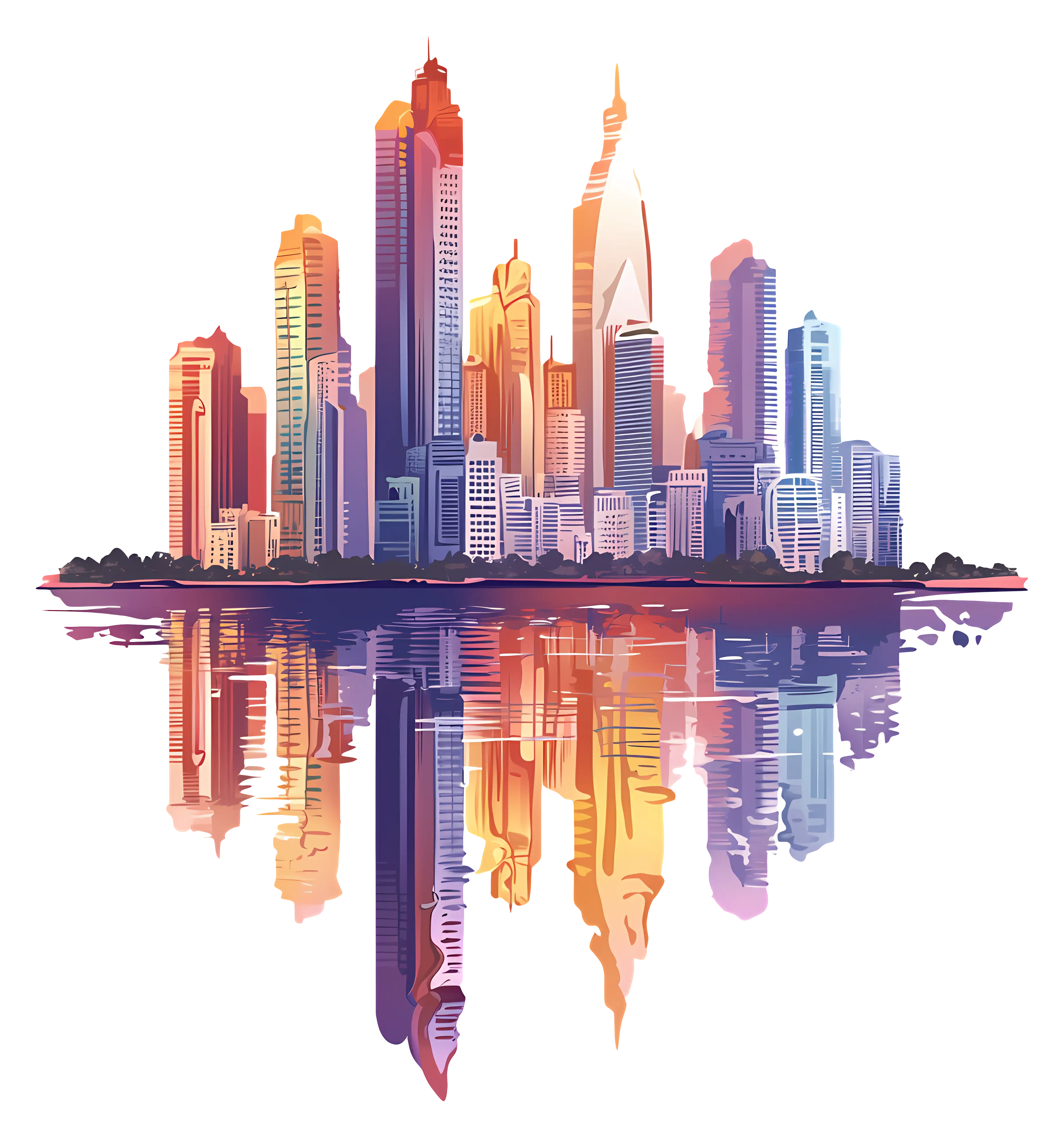 Colorful City Skyline with Reflection