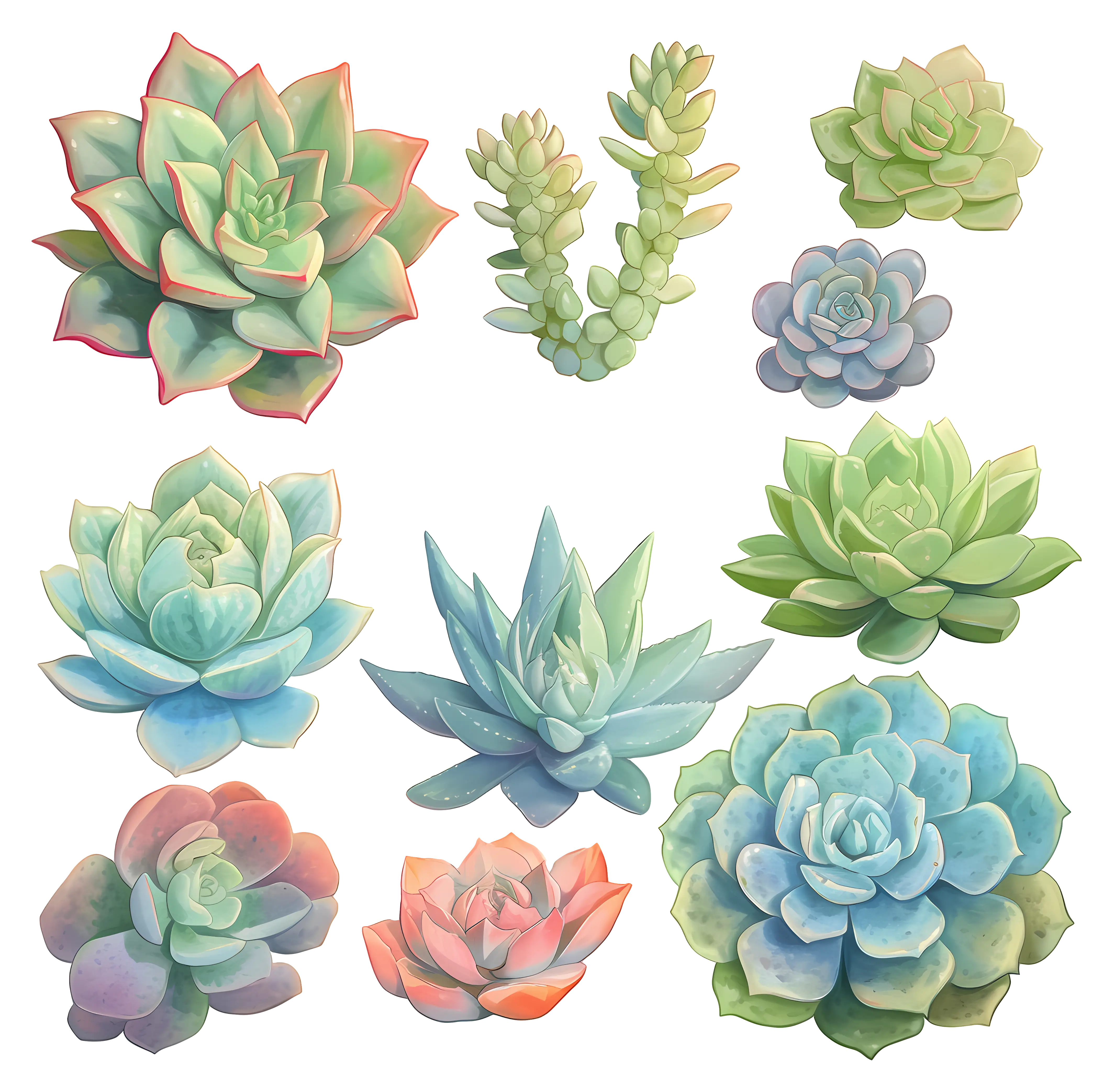 Various Succulent Plants in Watercolor Style